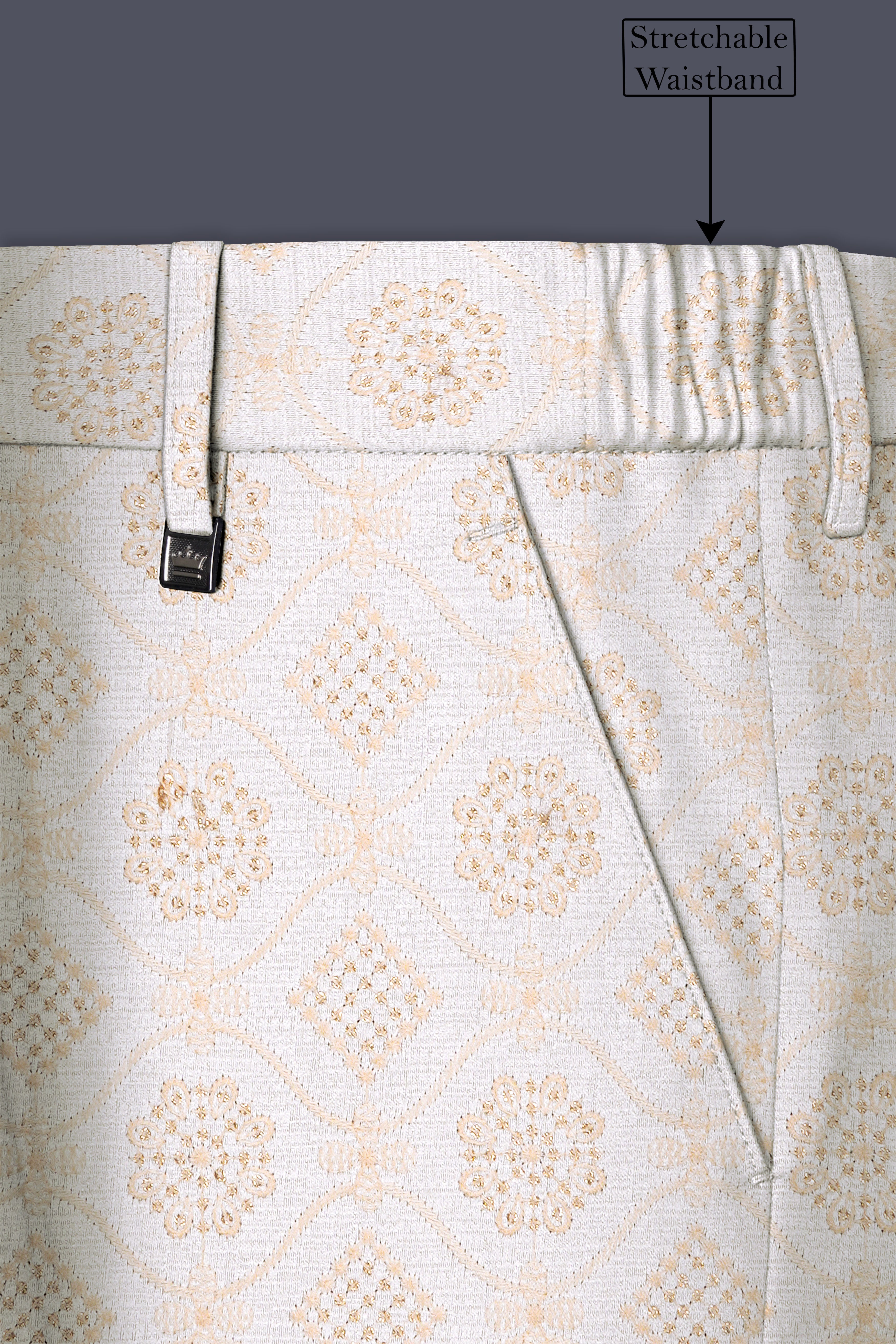 Aurevia-Spanish Cream and Flamingo Peach Thread and Sequin Embroidered Designer Stretchable Waistband Pant