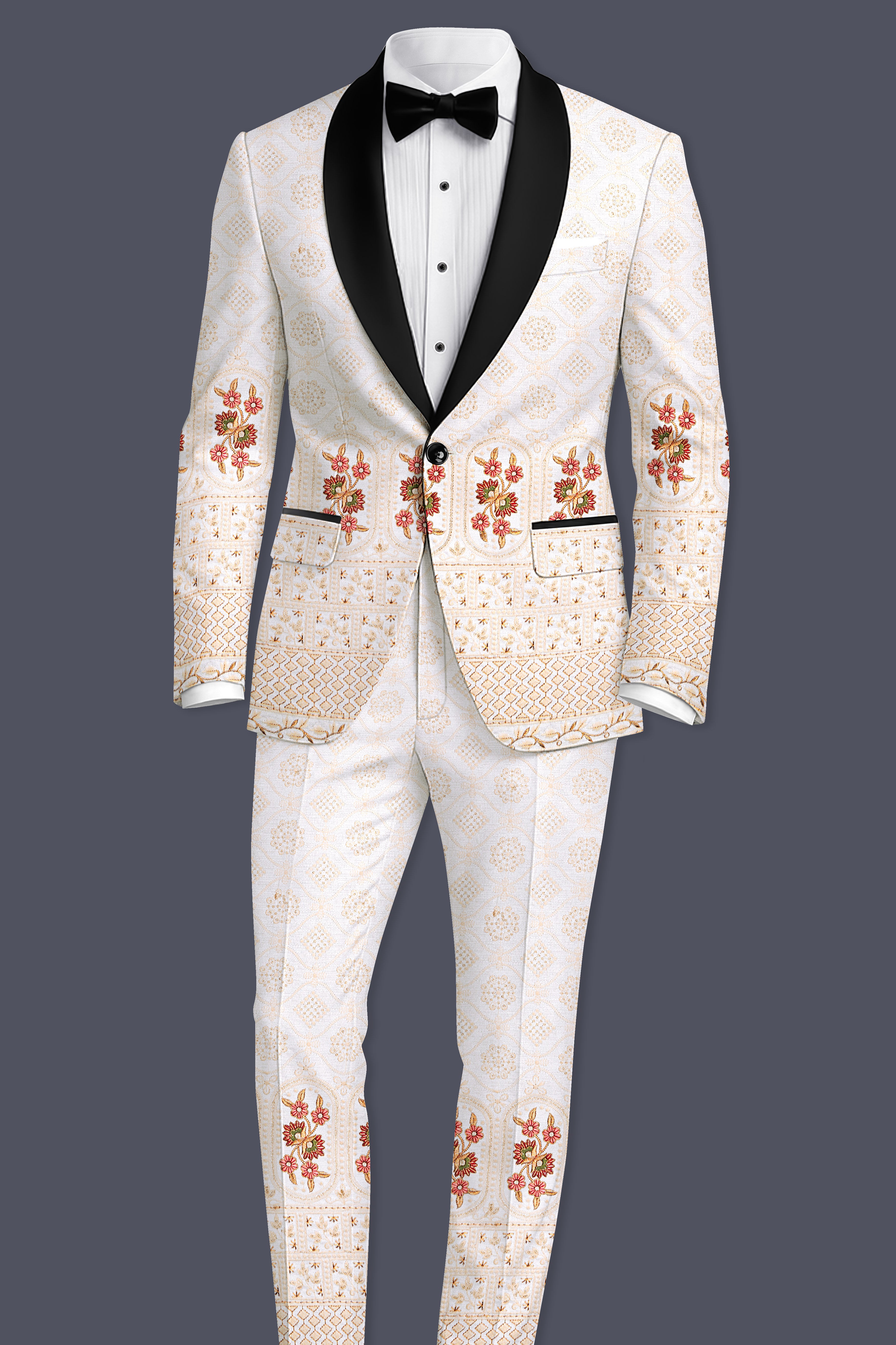 Aurevia-Spanish Cream and Flamingo Peach Thread and Sequin Embroidered Designer Stretchable Waistband Pant