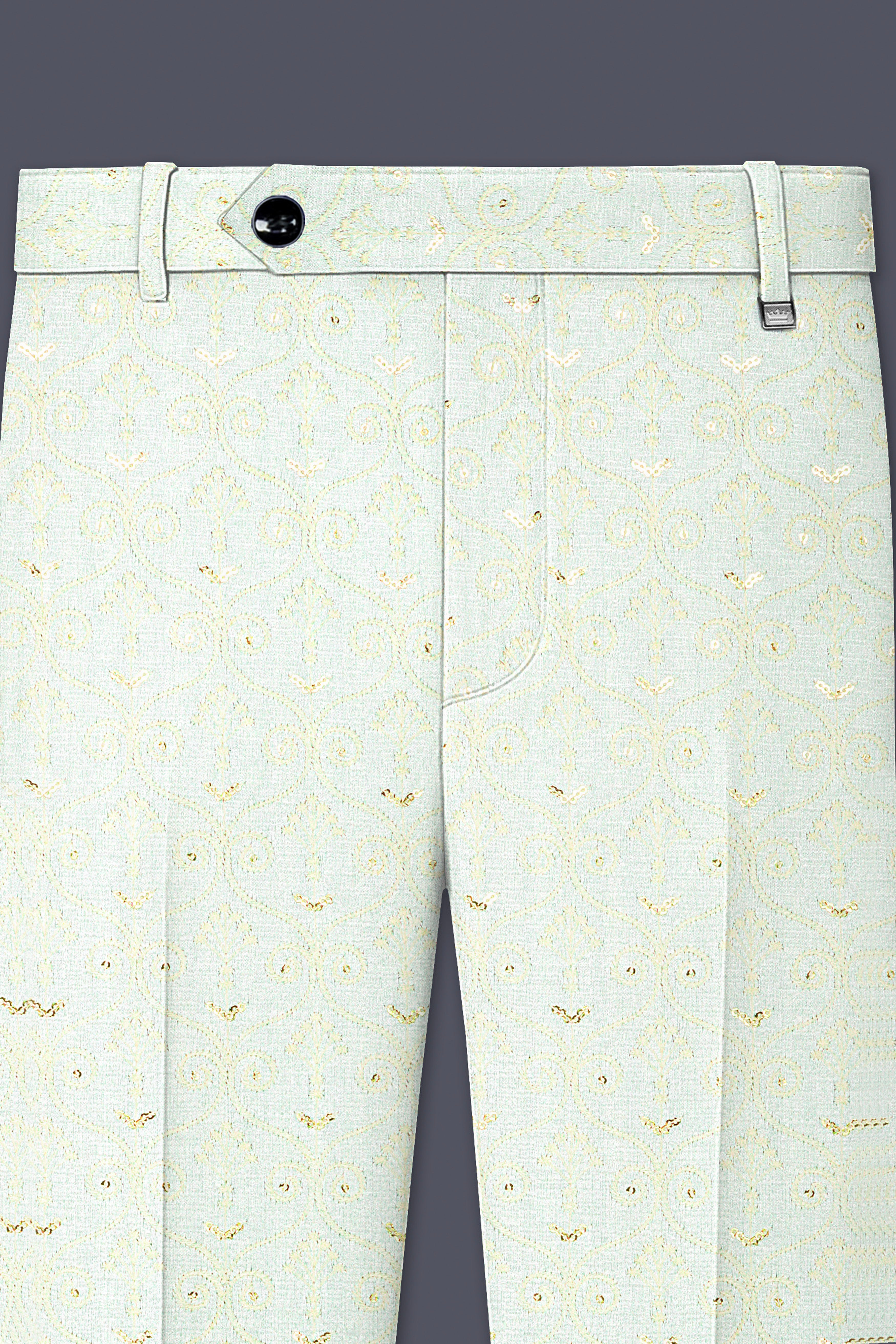Auressa-merino Cream And Finch Green Multicolour Thread and Sequin Embroidered Designer Stretchable Waistband Pant