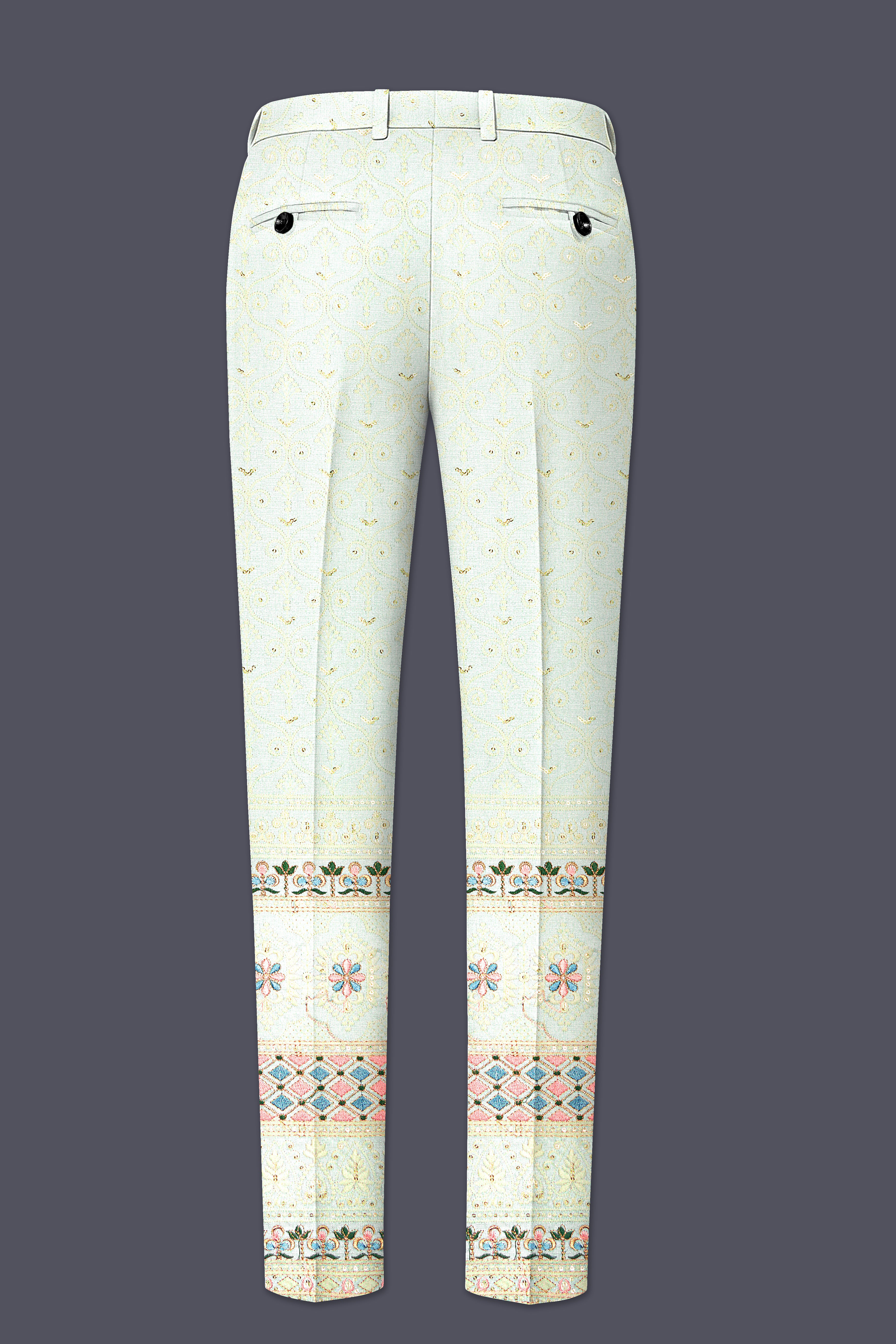 Auressa-merino Cream And Finch Green Multicolour Thread and Sequin Embroidered Designer Stretchable Waistband Pant
