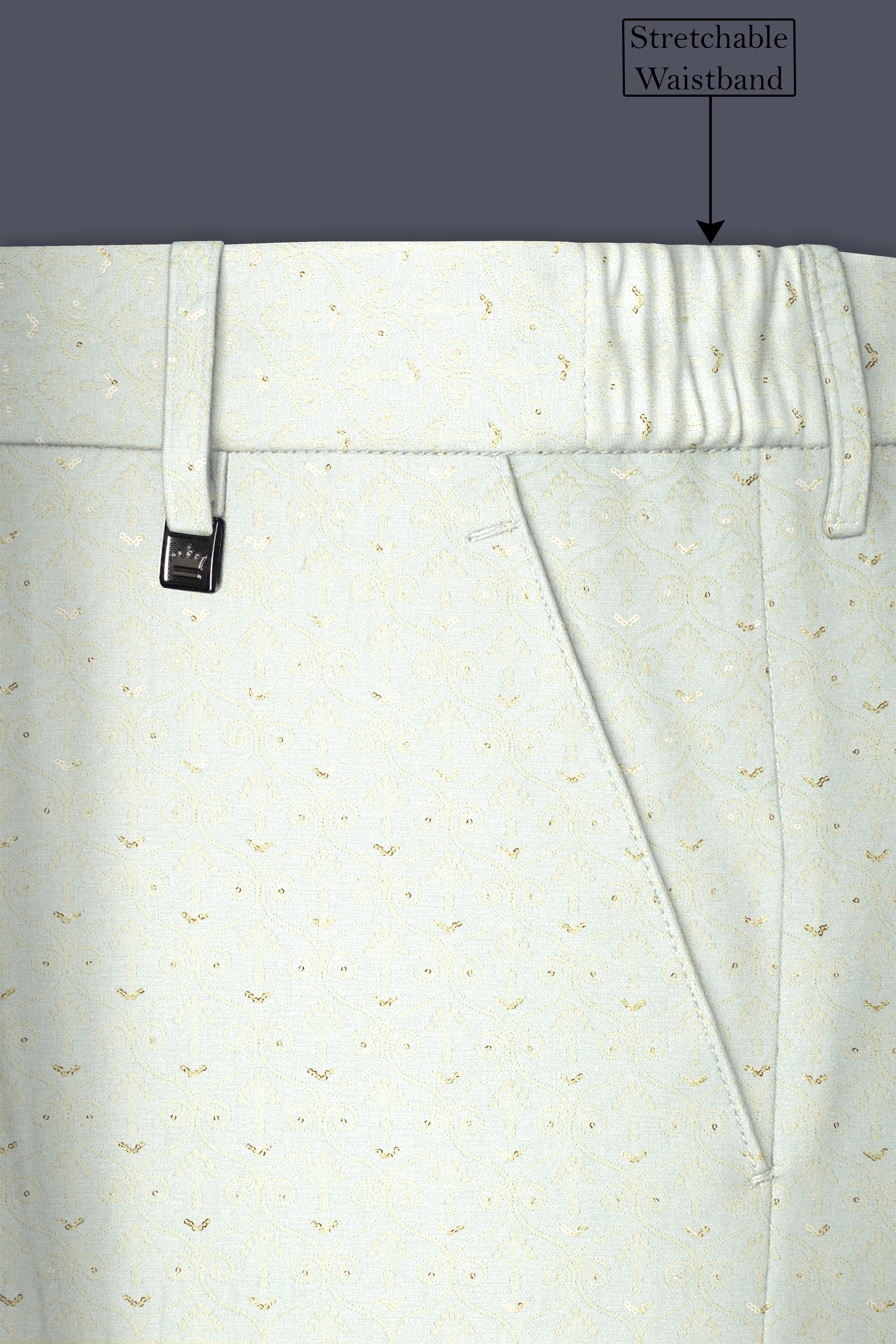 Auressa-merino Cream And Finch Green Multicolour Thread and Sequin Embroidered Designer Stretchable Waistband Pant
