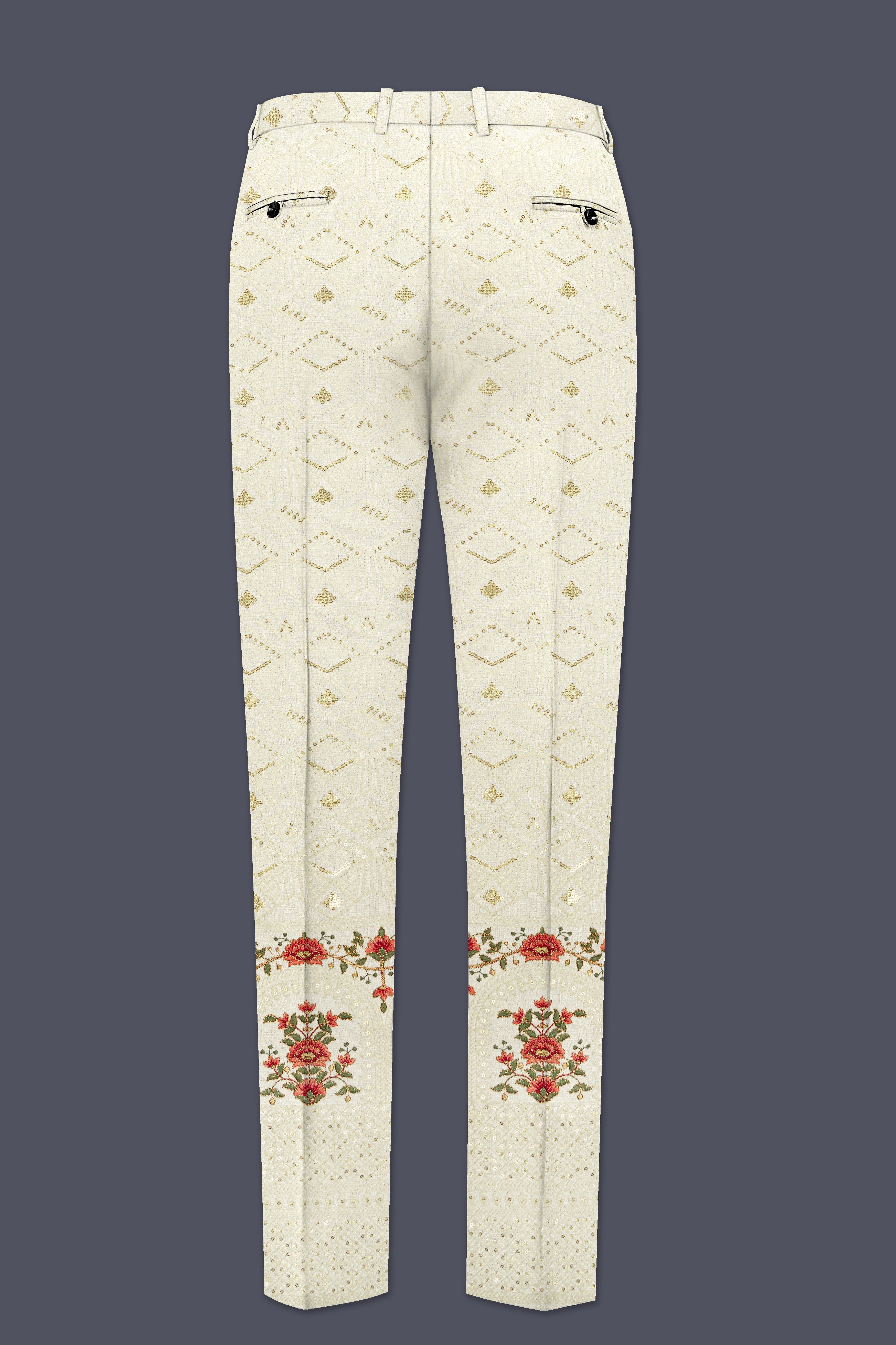 Ivrosa-Porcelain Cream and Apricot Peach Multicolour Thread and Sequin Embroidered Designer Stretchable Waistband Pant