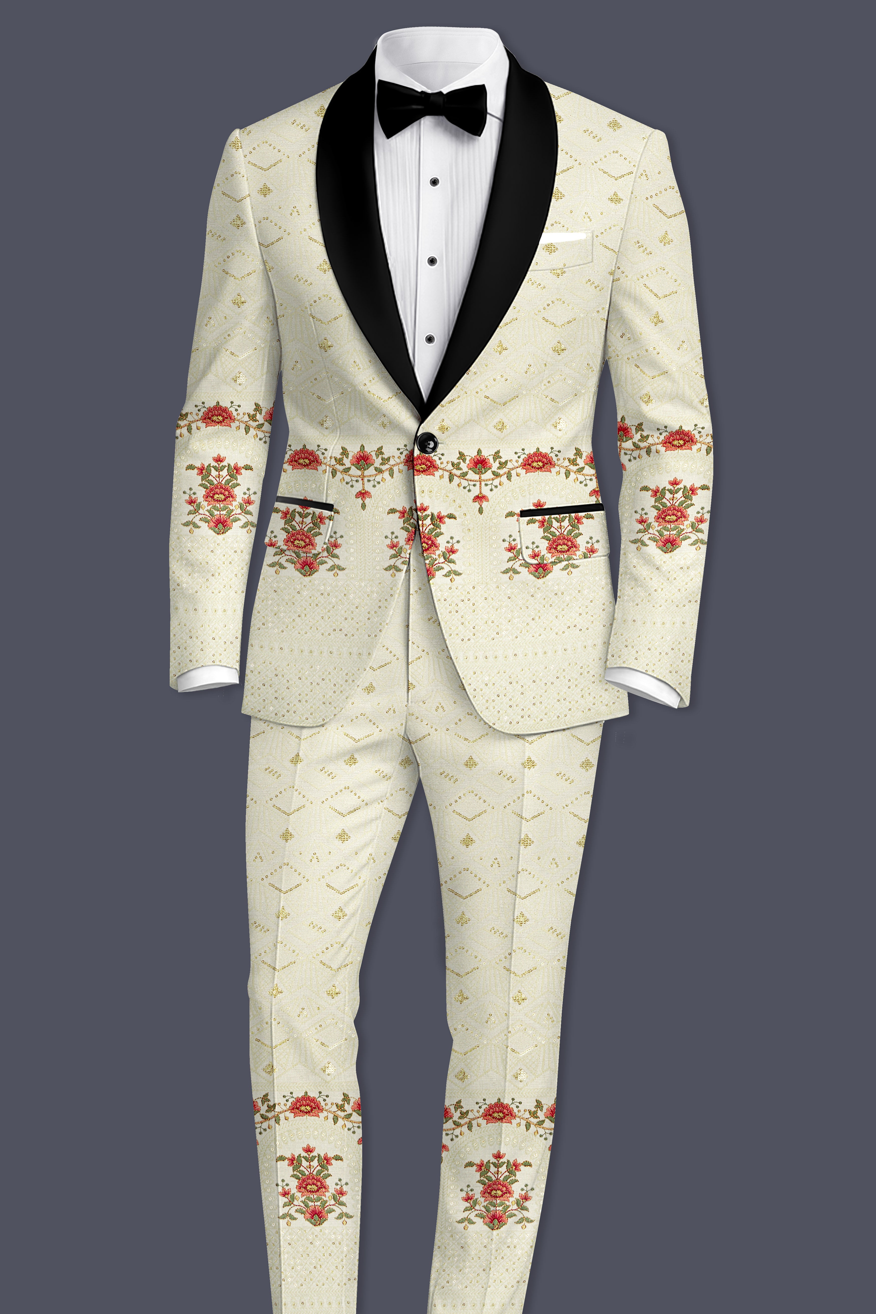 Ivrosa-Porcelain Cream and Apricot Peach Multicolour Thread and Sequin Embroidered Designer Stretchable Waistband Pant