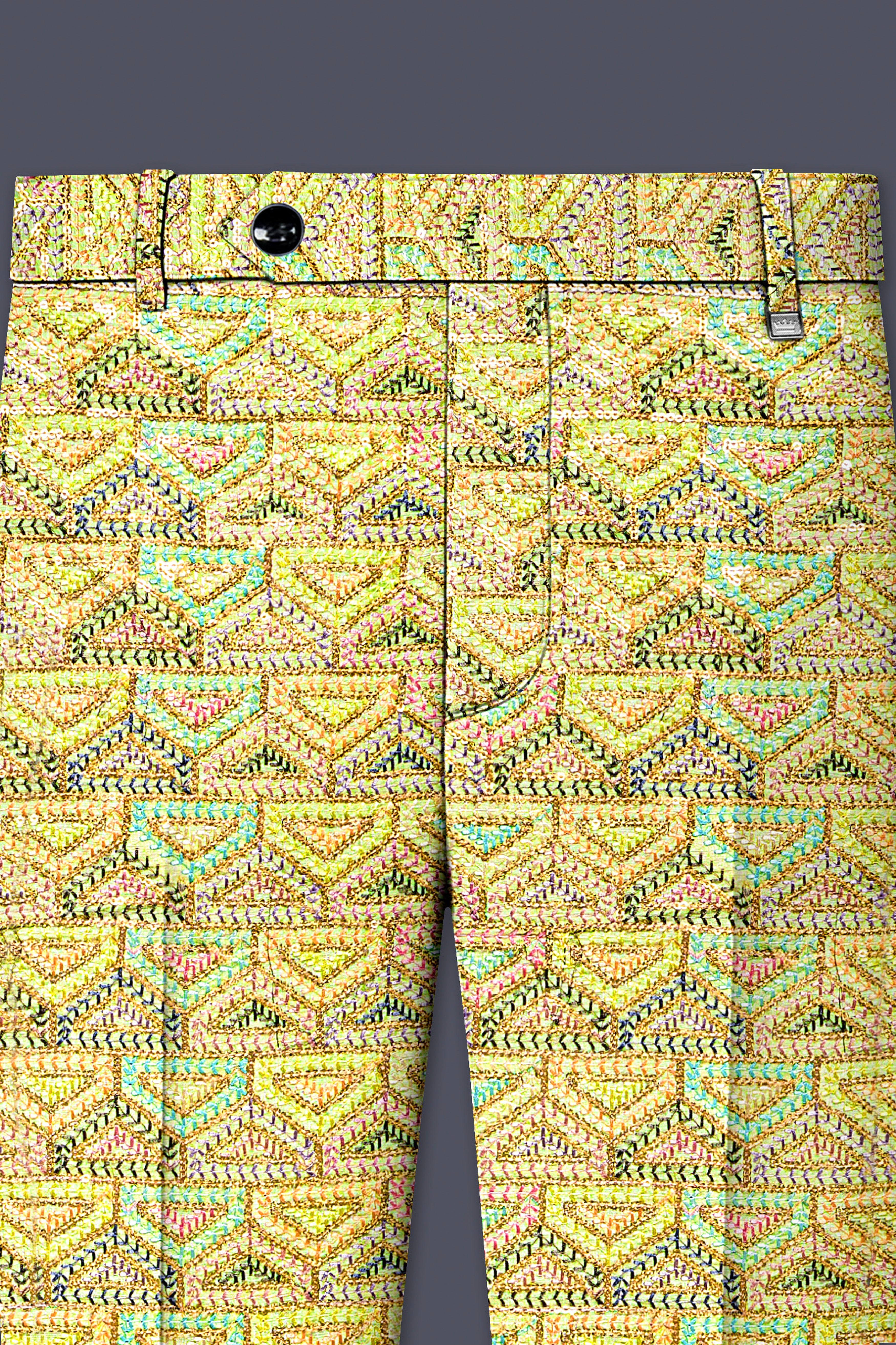 Flavora-Tacha Yellow and Charm Pink Geometric Cotton Thread Embroidered Designer Stretchable Waistband Pant
