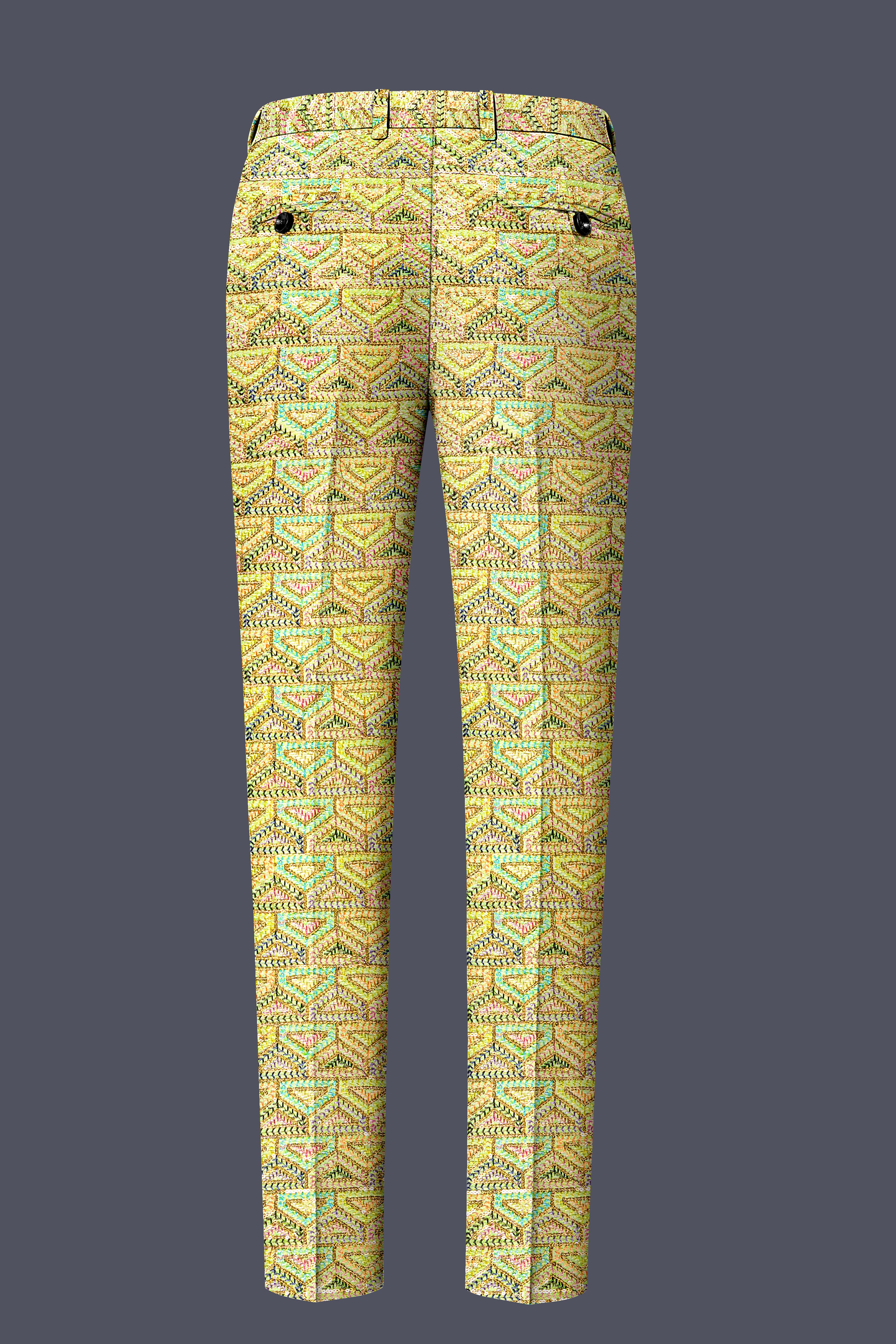Flavora-Tacha Yellow and Charm Pink Geometric Cotton Thread Embroidered Designer Stretchable Waistband Pant