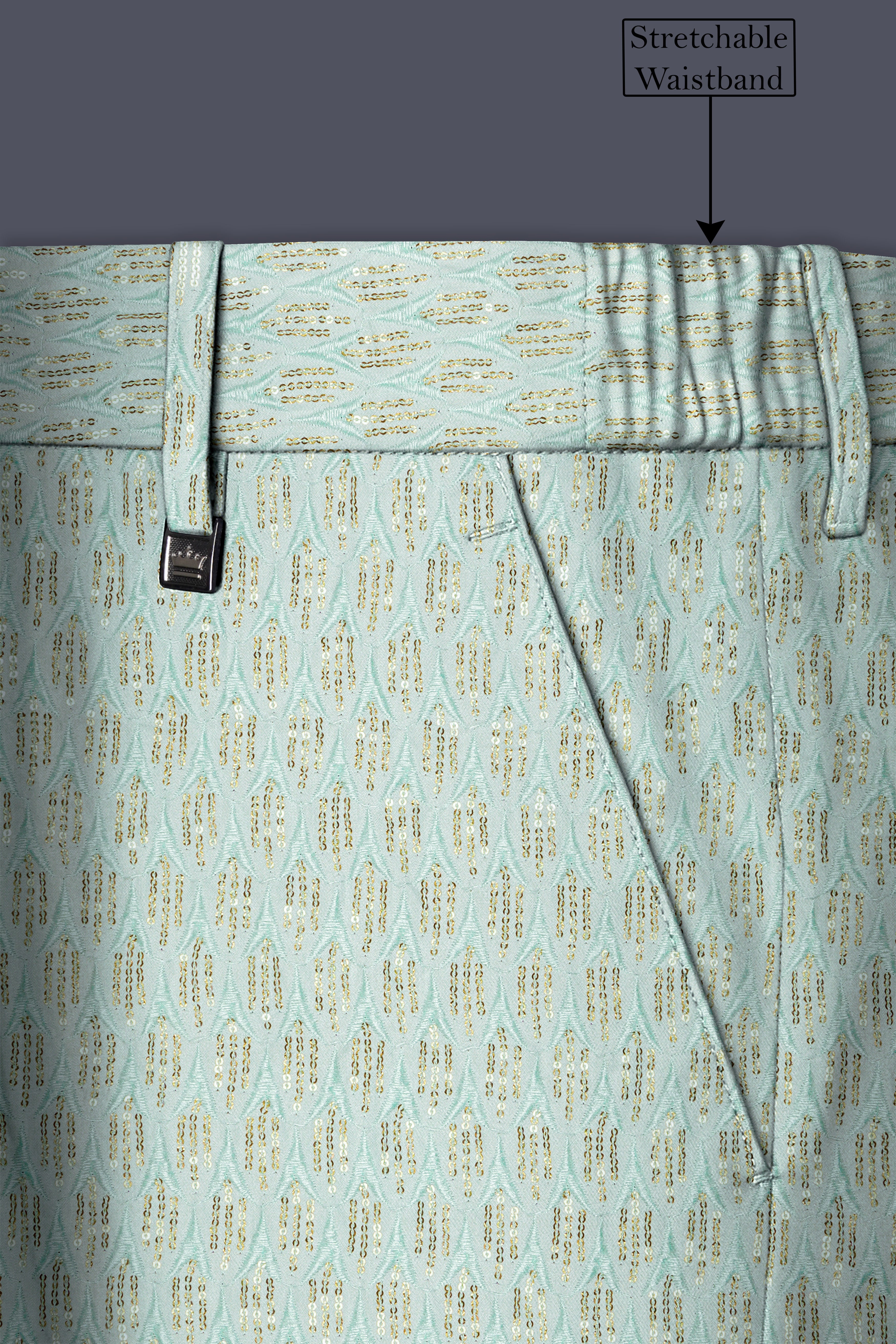 Tikkara-Edgewater Green Viscose Embroidered with Tikki Work Designer Stretchable Waistband Pant