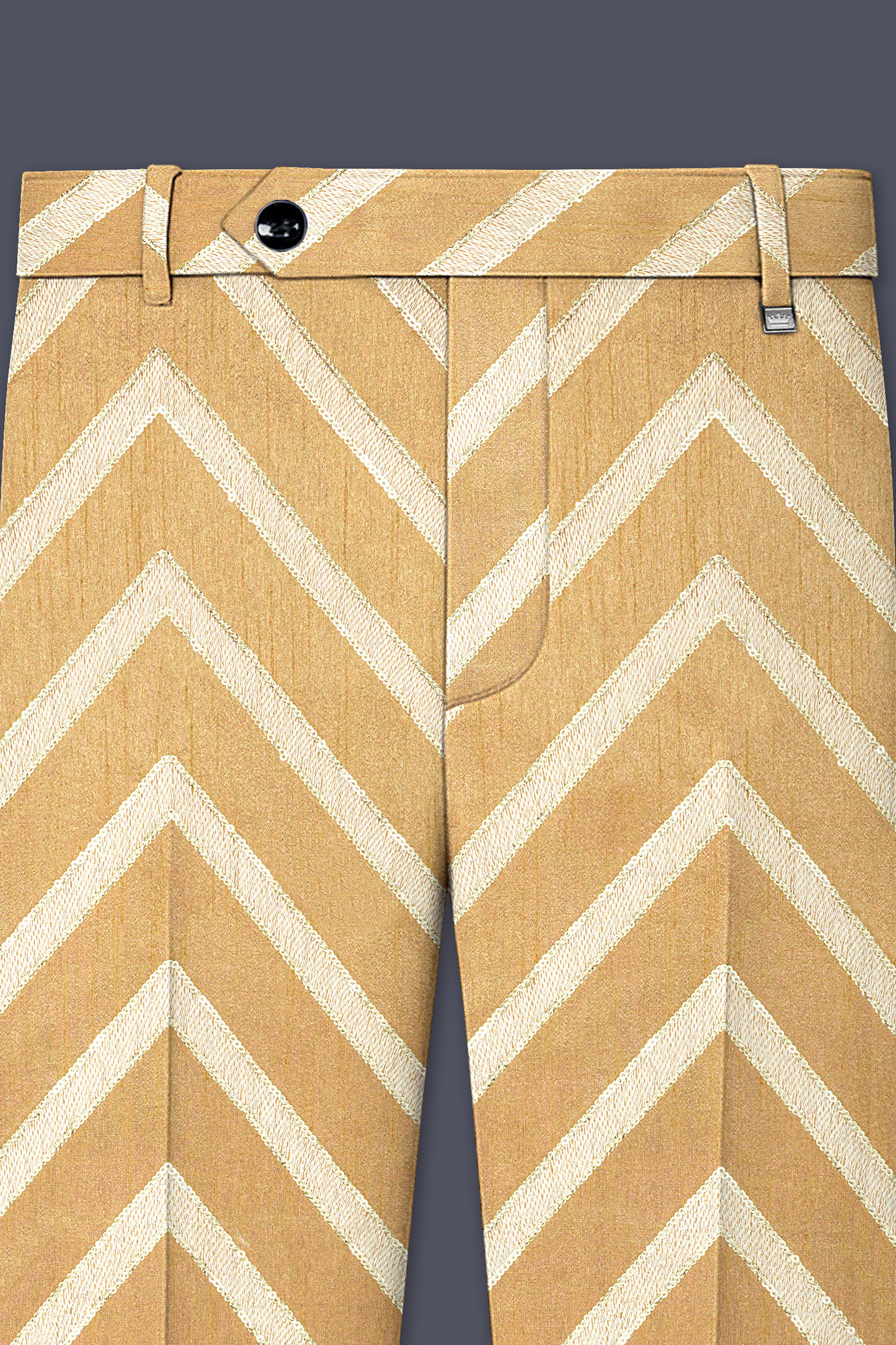 Zigvara-Antique Brown and Merino Cream Zig Zag Cotton Thread Embroidered Designer Stretchable Waistband Pant