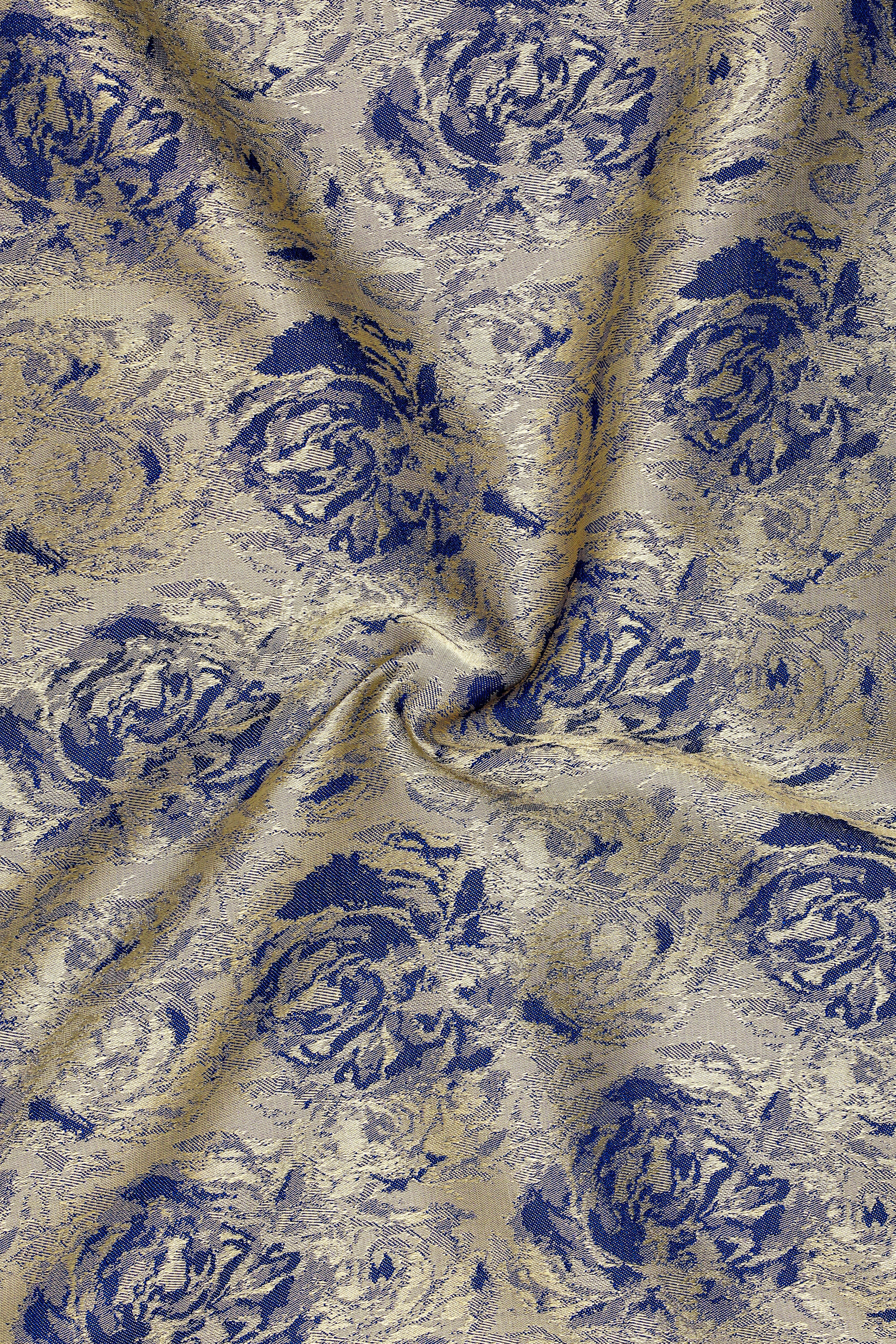 Jacqoro-Gravel Blue and Golden Jacquard Textured Stretchable Waistband Pant