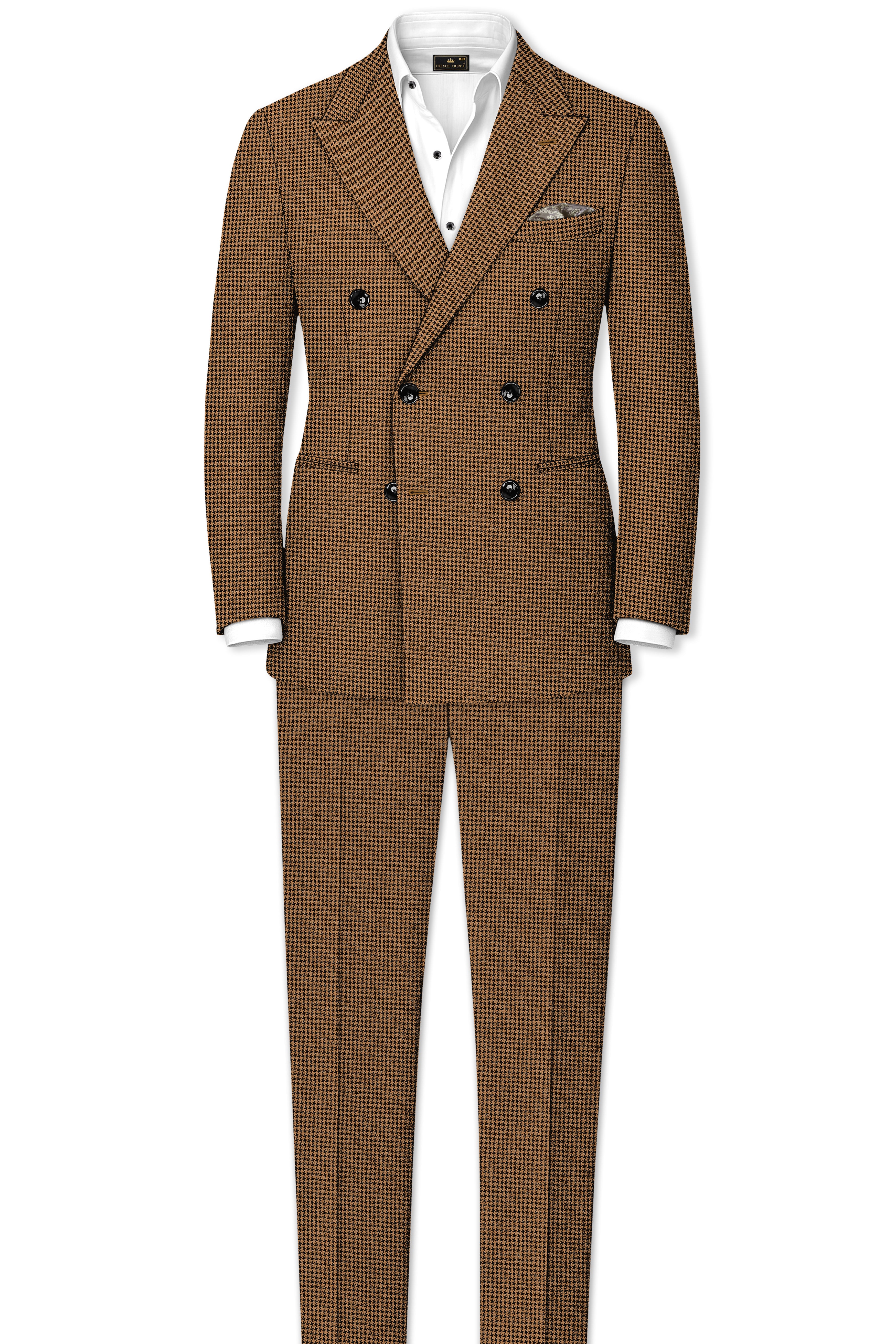 Regalis-Rope Brown Classic Houndstooth Textured Tweed Stretchable Waistband Pant