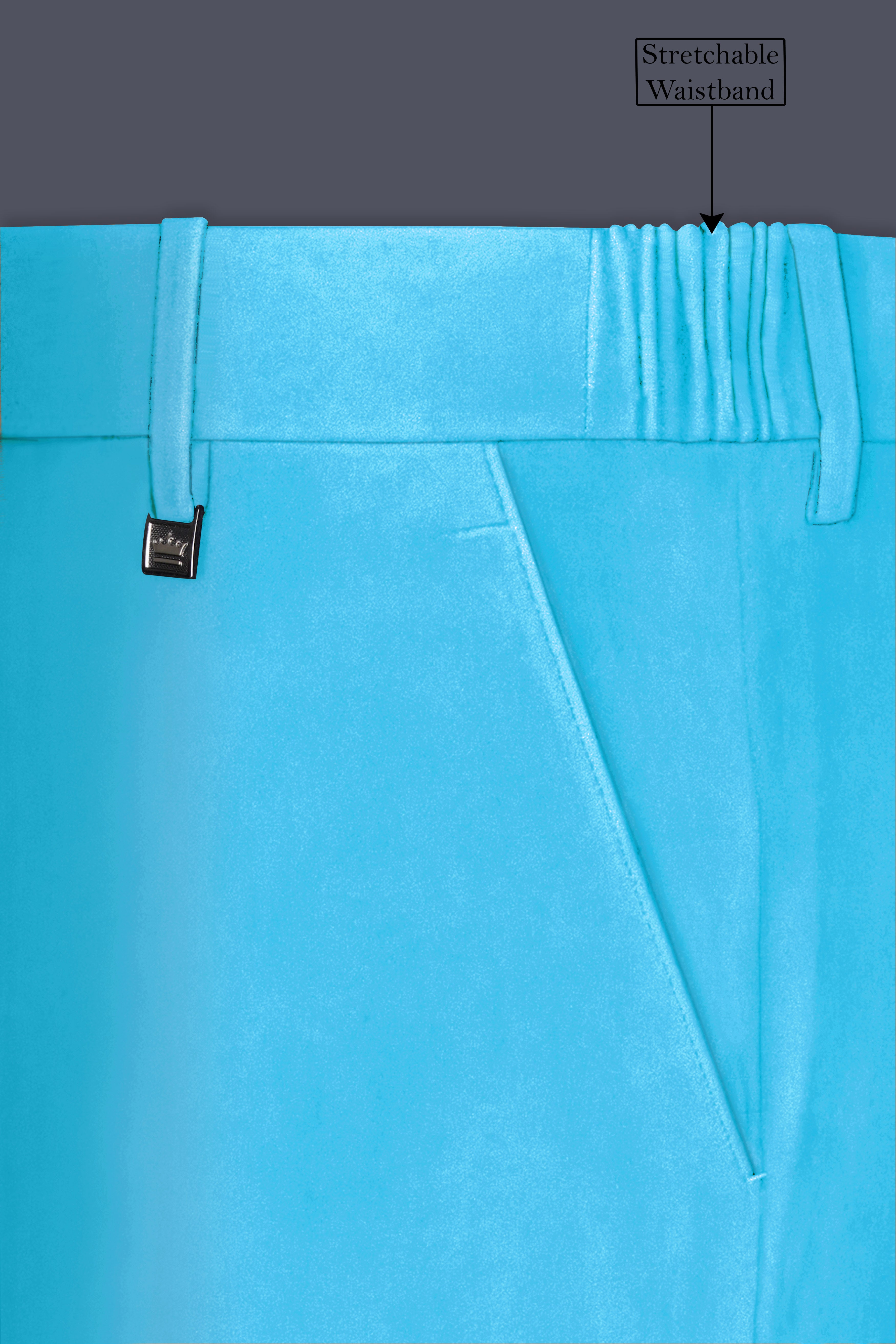 Azurion-Picton Blue Velvet Stretchable Waistband Pant
