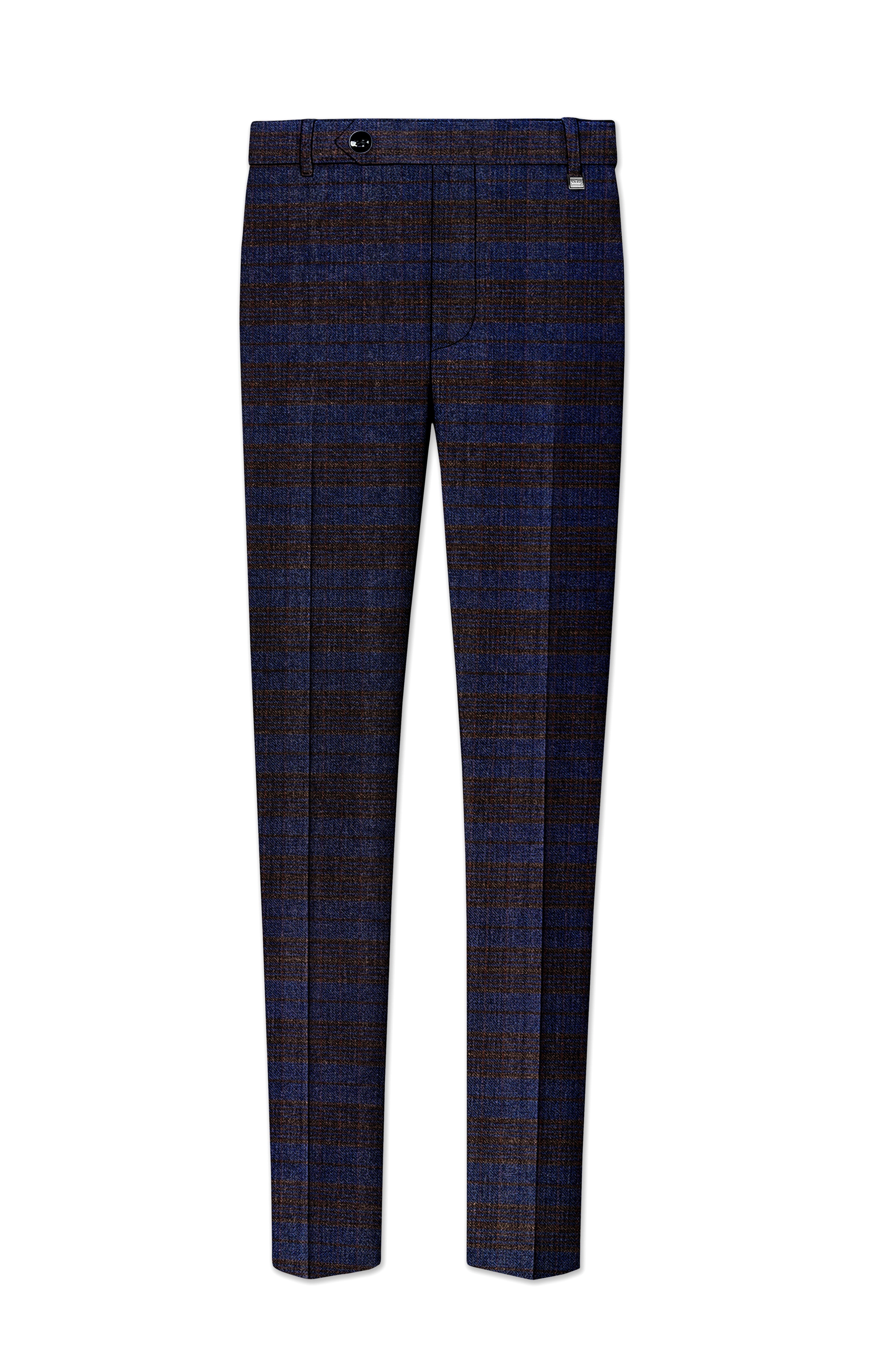 Velourish-Tealish Blue And Tuatara Gray Glen Plaid Tweed Stretchable Waistband Pant