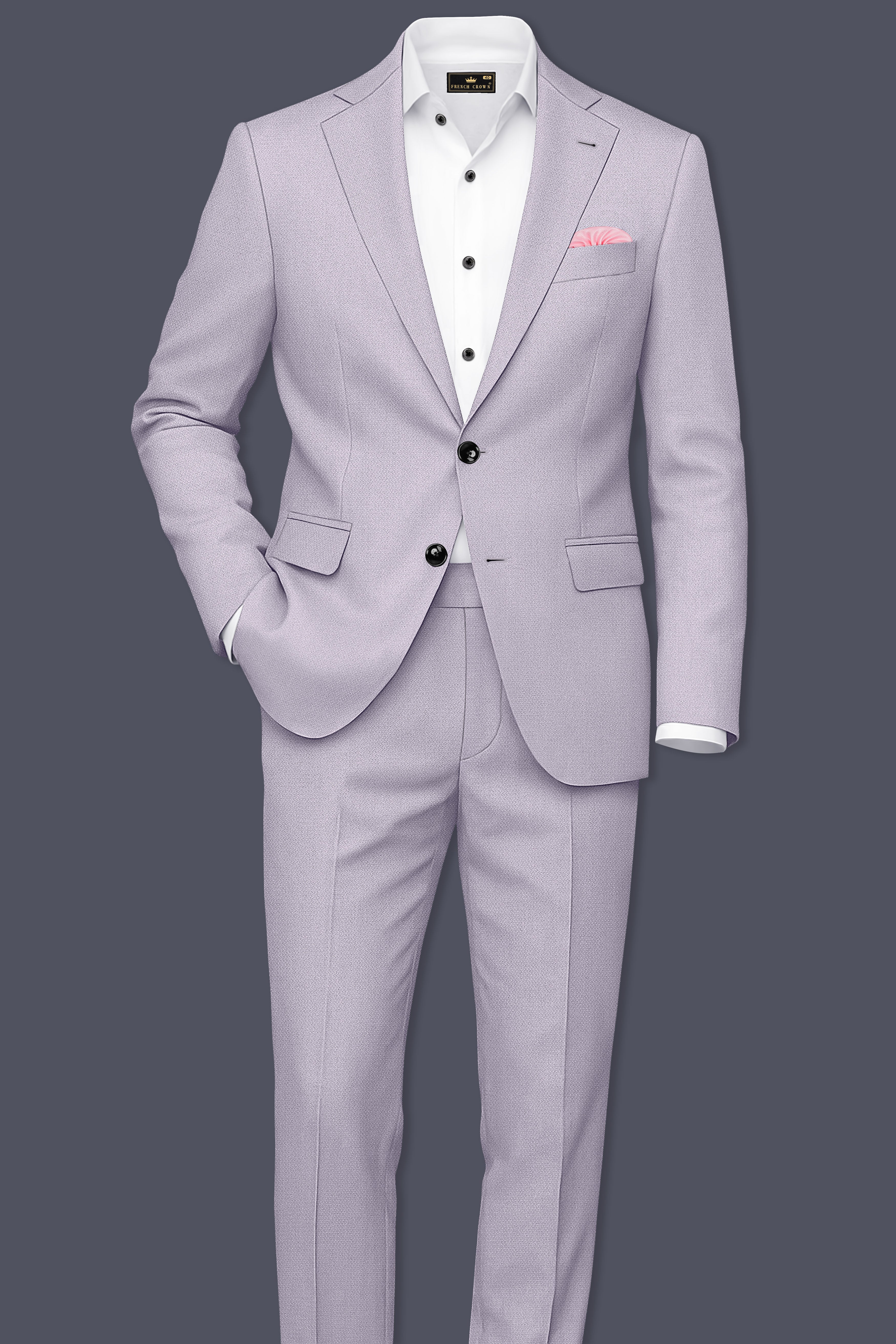 Mist-Spun Pearl Gray Diamond Textured Wool Rich Slight Stretch Waistband Pant