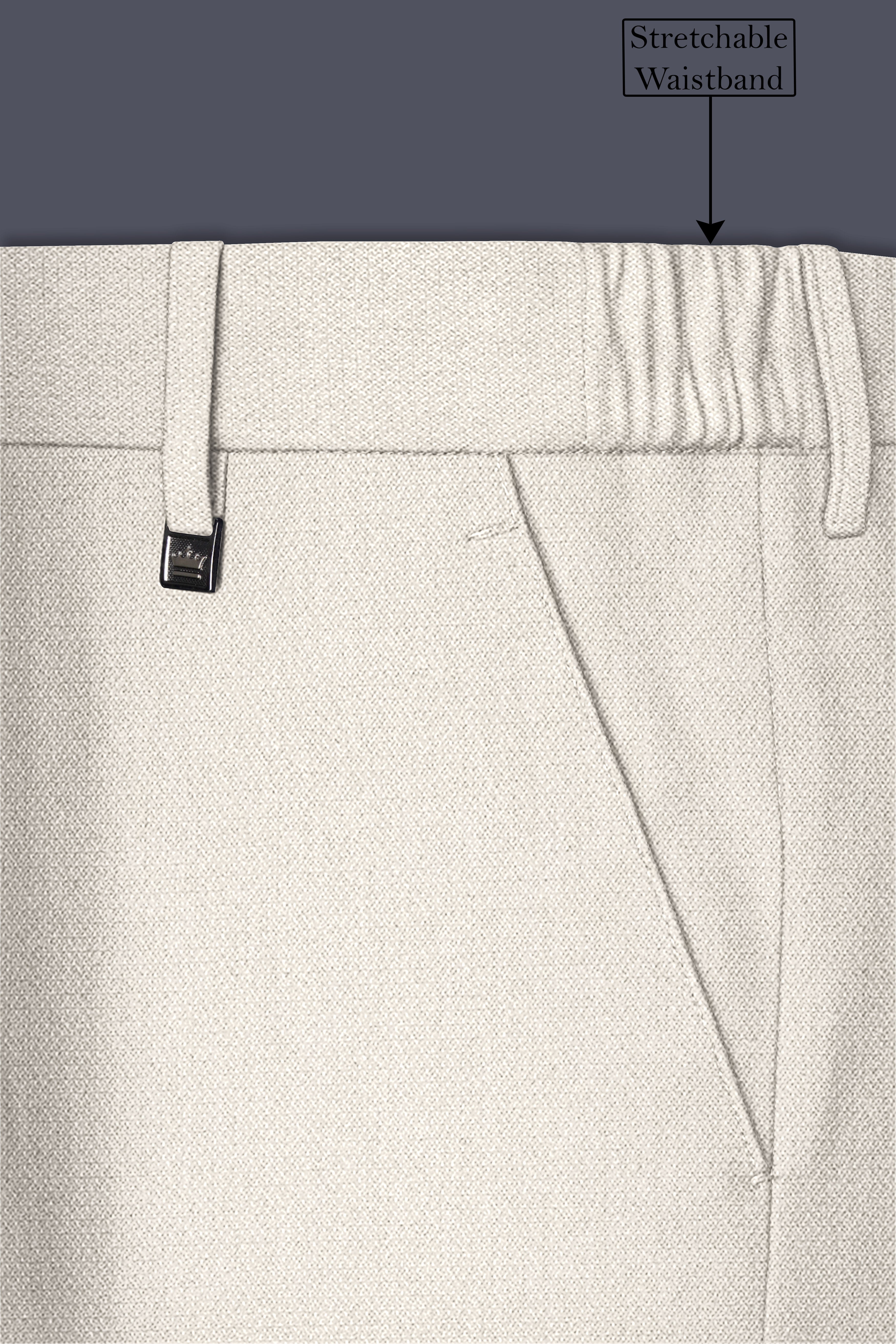 Ecru-Merino Off White Diamond Textured Wool Rich Slight Stretch Waistband Pant
