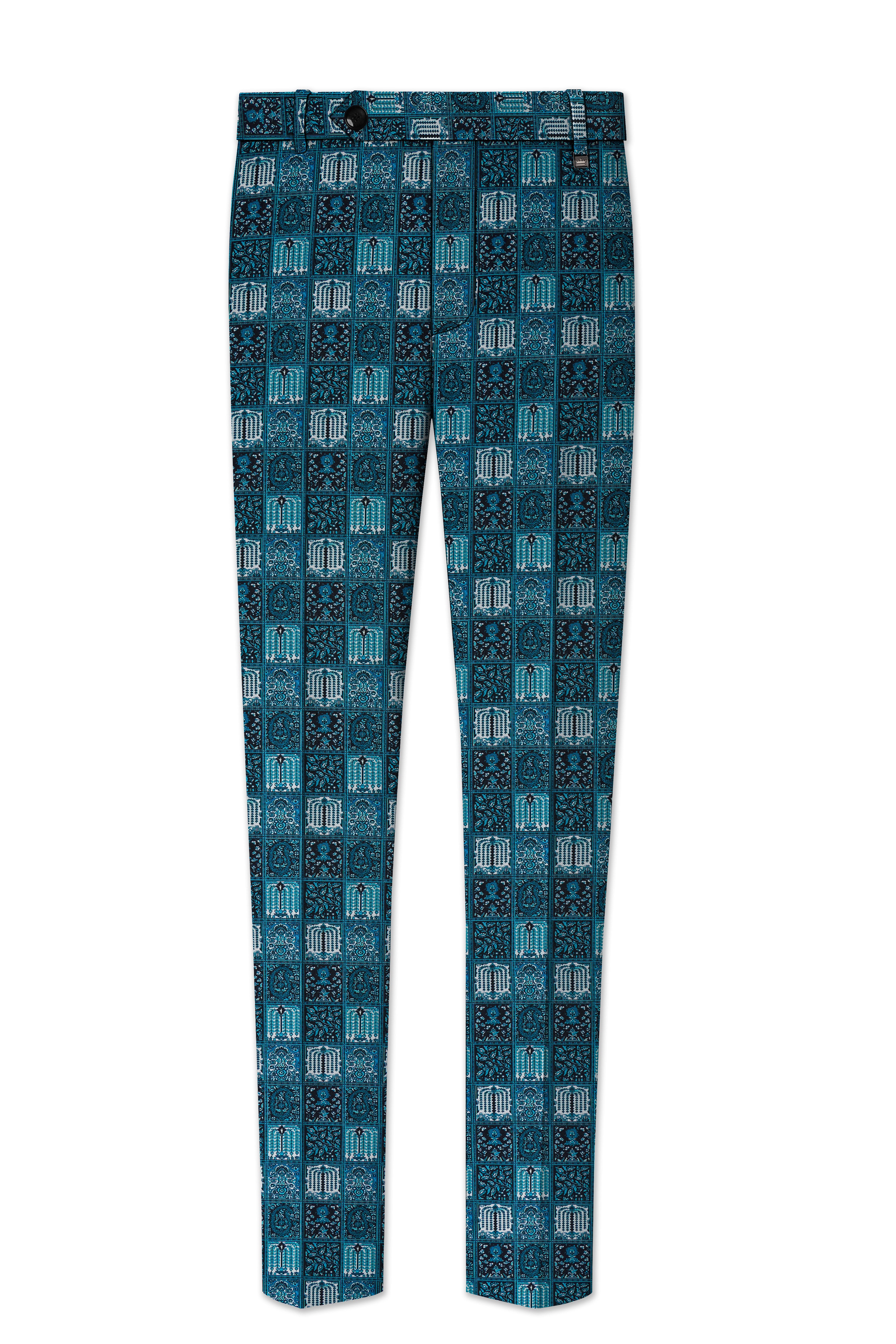 Zenith-Astronaut Blue Geometric Mosaic Printed Wool Rich Waistband Pant