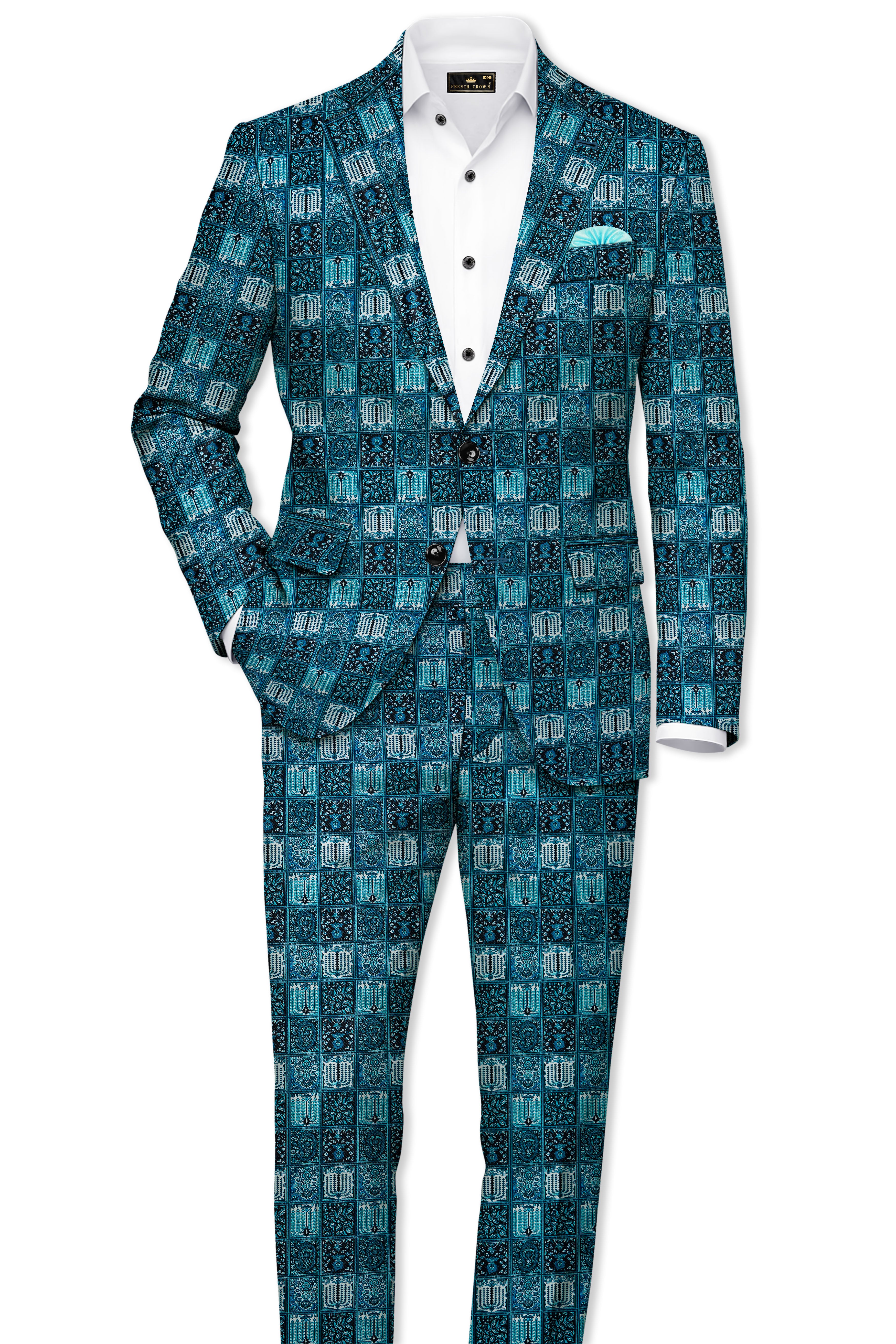 Zenith-Astronaut Blue Geometric Mosaic Printed Wool Rich Waistband Pant