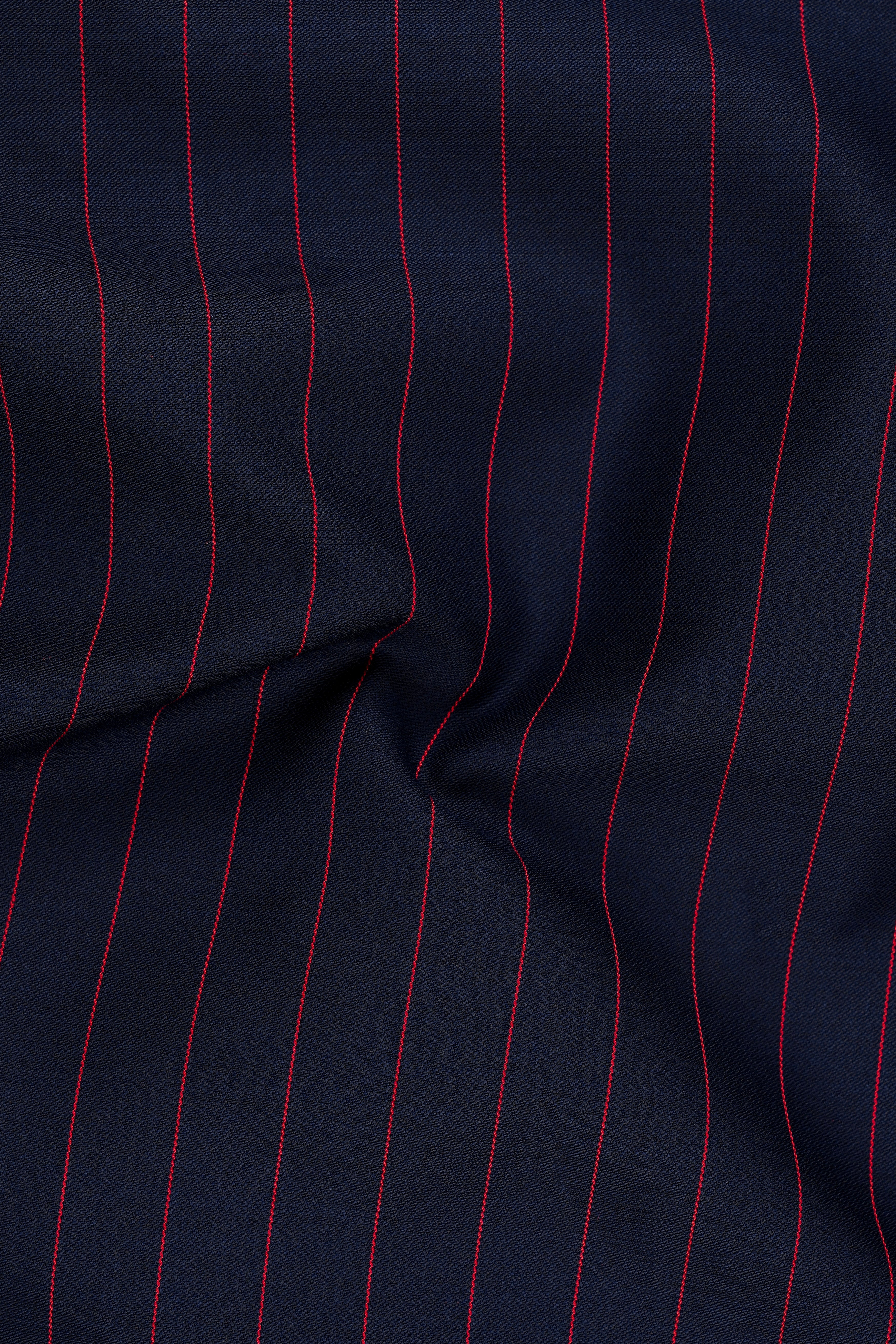 Striata-Haiti Blue And Brick Pink Chalk Striped Wool Rich Slight Stretch Waistband Pant