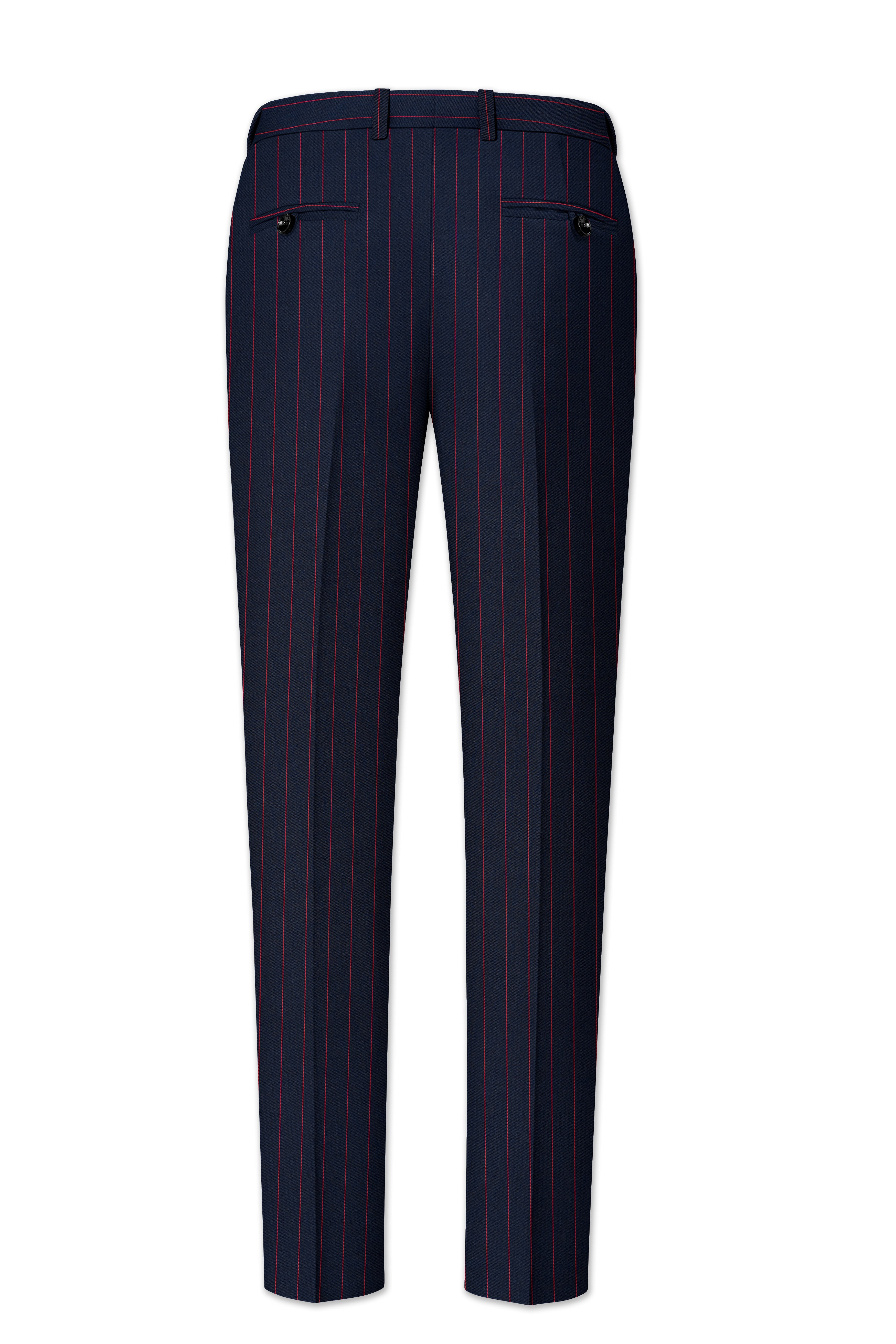 Striata-Haiti Blue And Brick Pink Chalk Striped Wool Rich Slight Stretch Waistband Pant