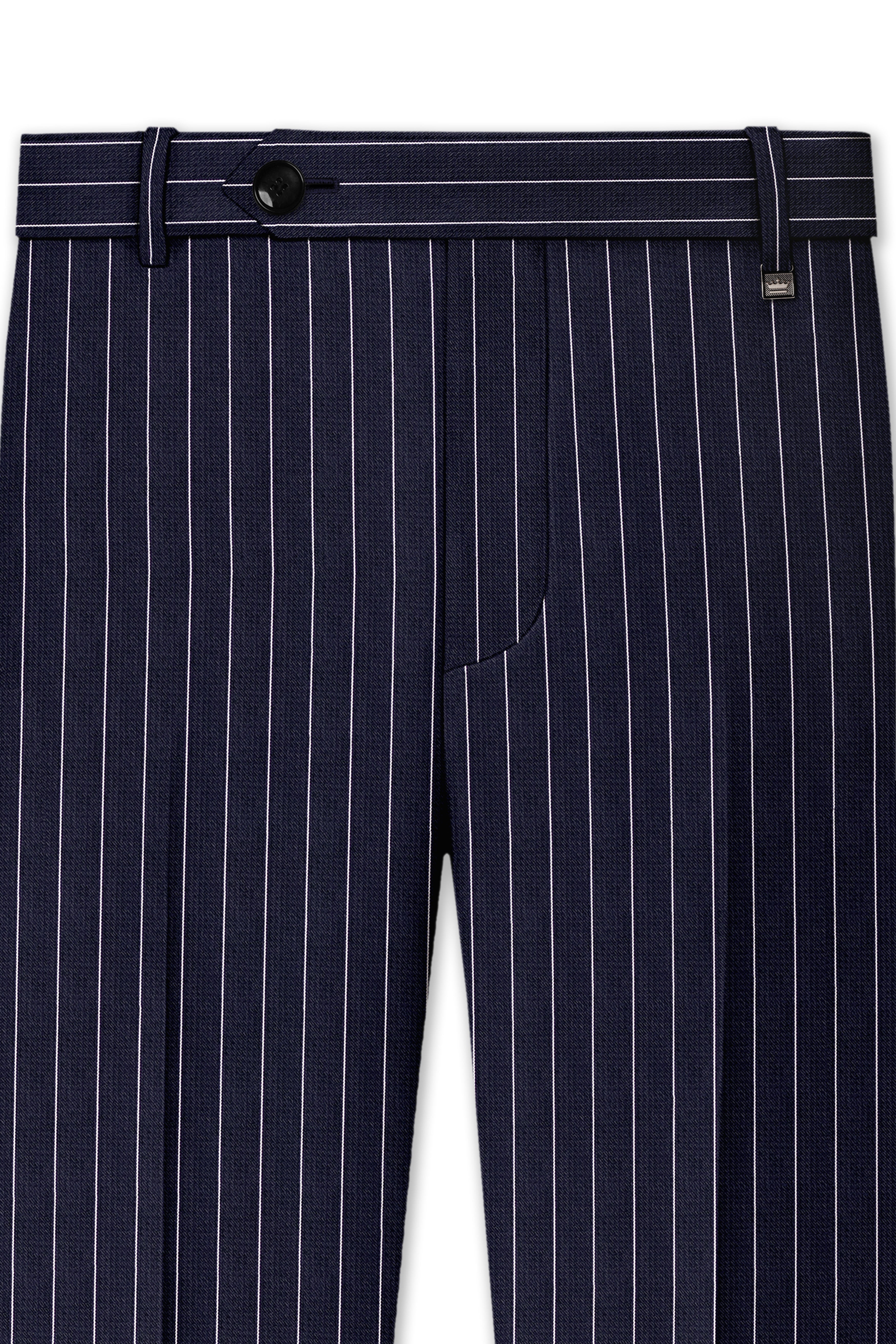 Regent-Ebony Blue And Bright White Chalk Striped Wool Rich Slight Stretch Waistband Pant