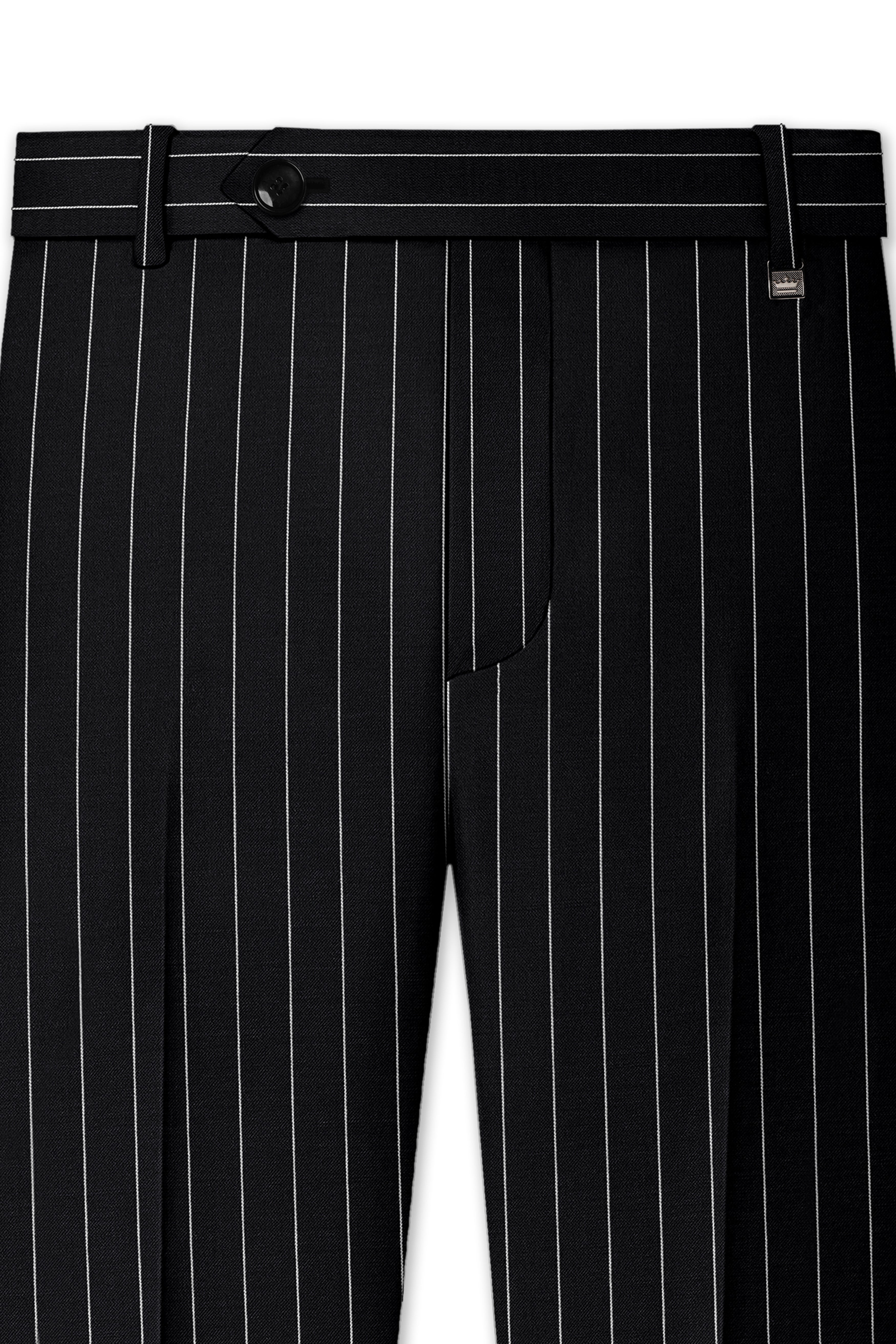 Veritas-Jade Black And Bright White Pin Striped Wool Rich Slight Stretch Waistband Pant