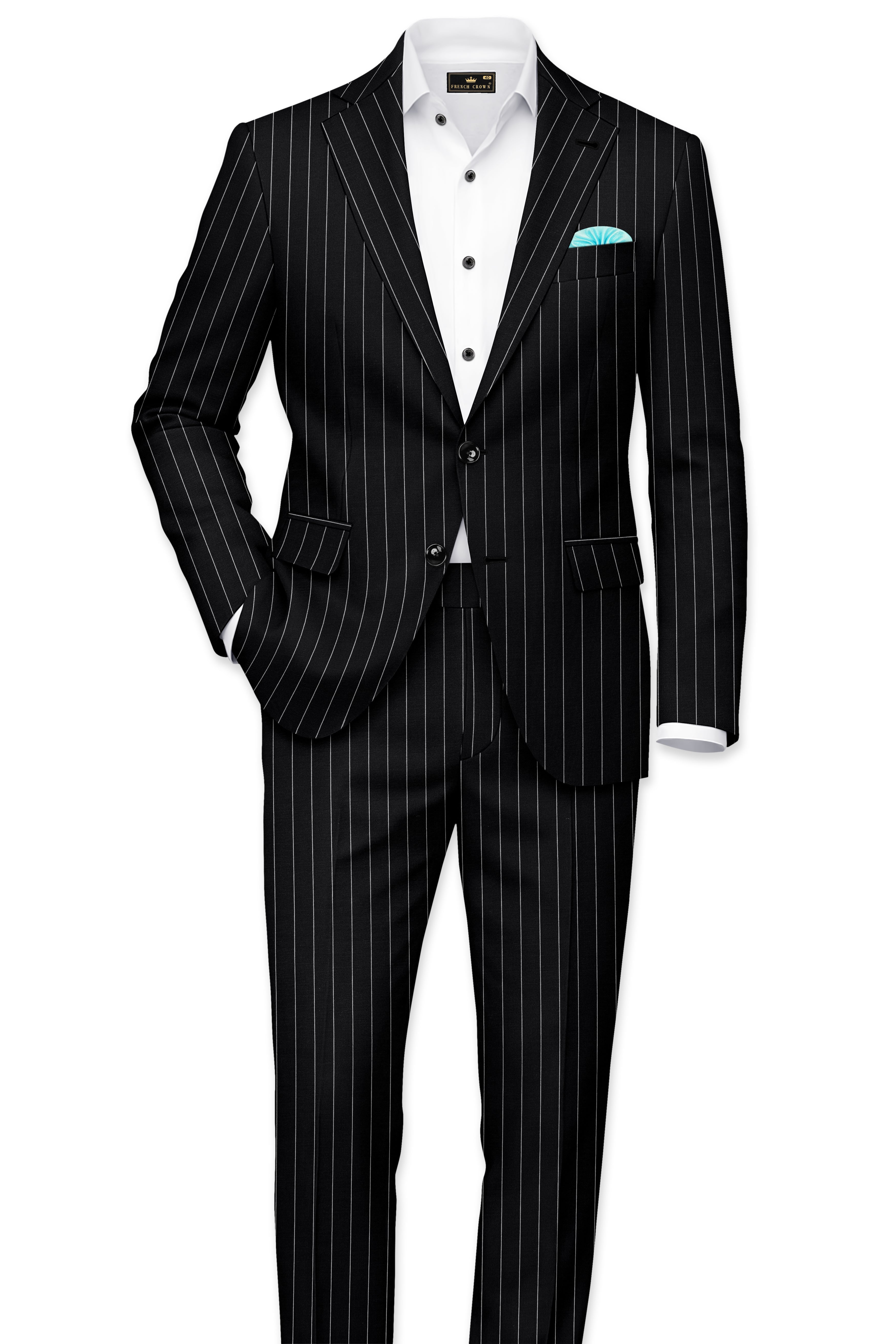 Veritas-Jade Black And Bright White Pin Striped Wool Rich Slight Stretch Waistband Pant