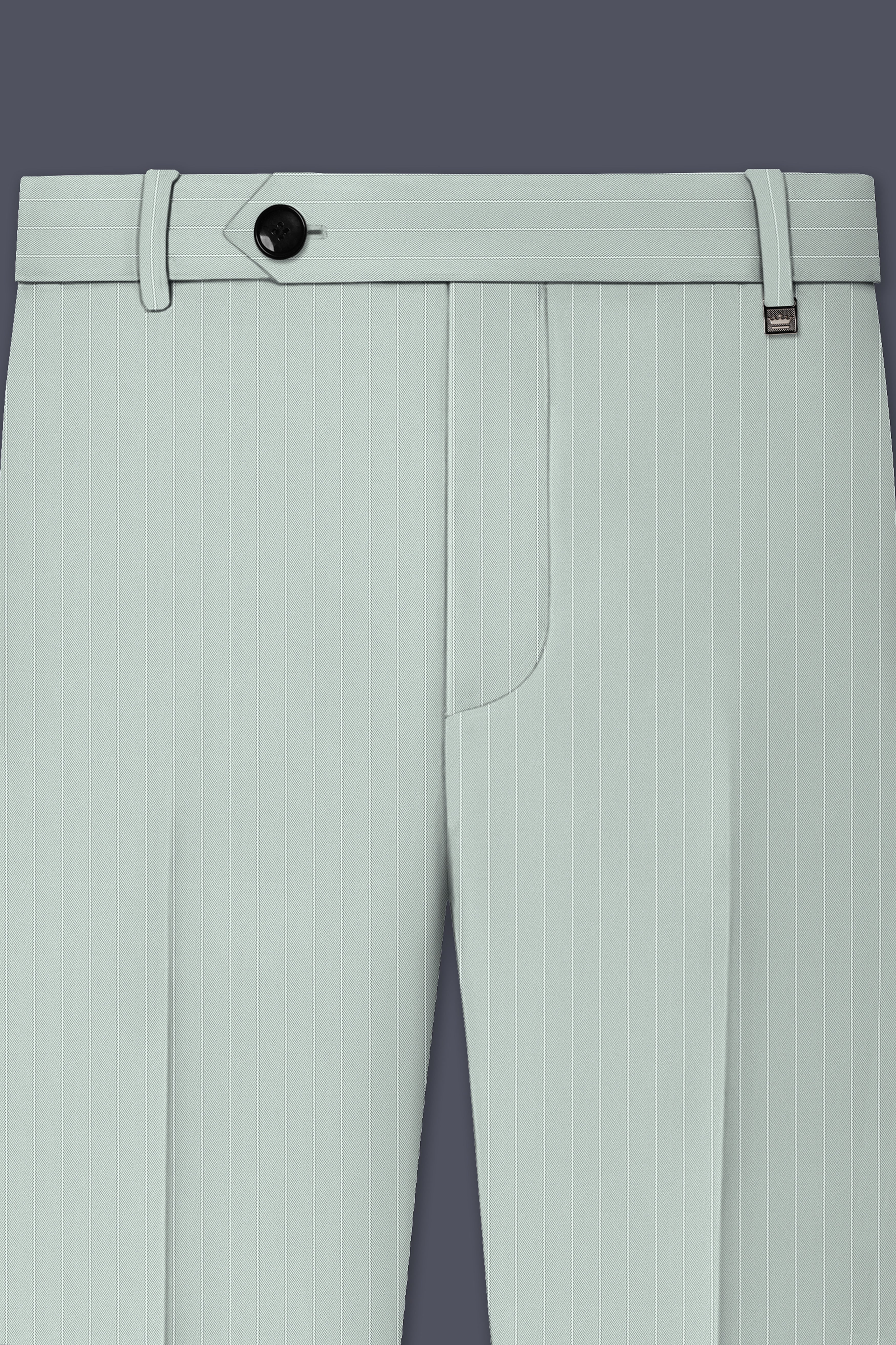 Halcyon-Pale Slate Green Herringbone Striped Wool Rich Slight Stretch Waistband Pant