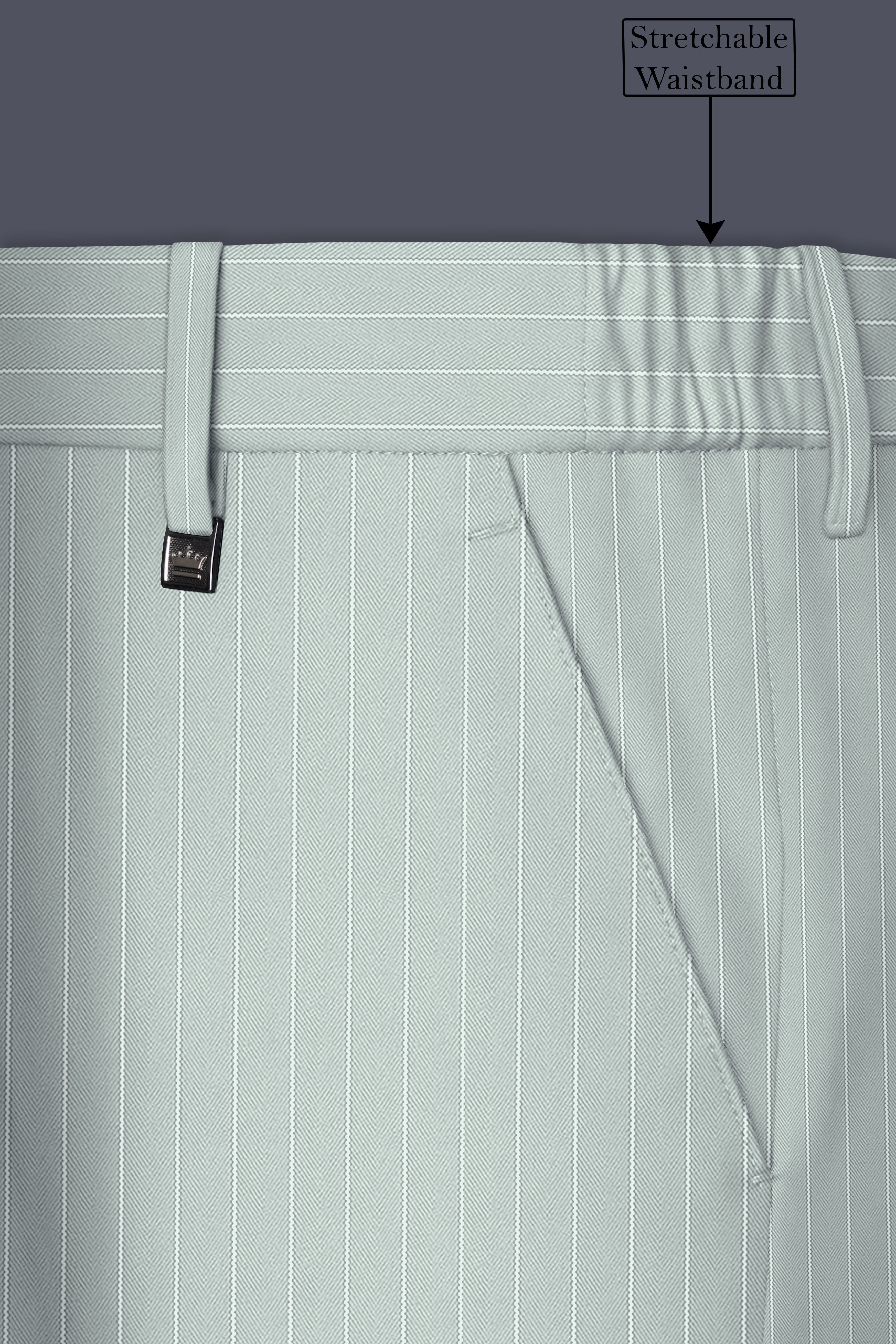 Halcyon-Pale Slate Green Herringbone Striped Wool Rich Slight Stretch Waistband Pant