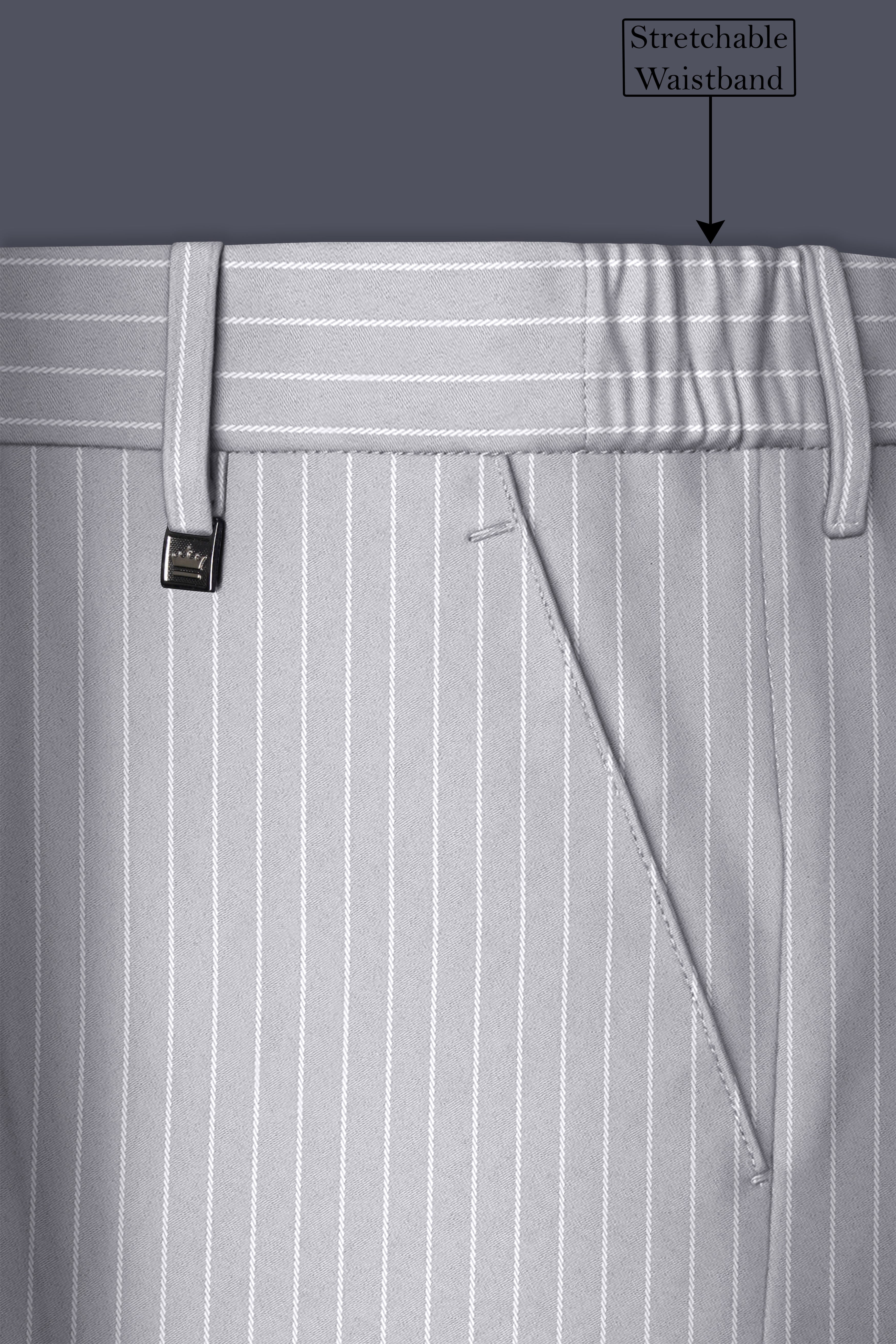 Sterlan-Goose Gray And Bright White Chalk Striped Wool Rich Slight Stretch Waistband Pant