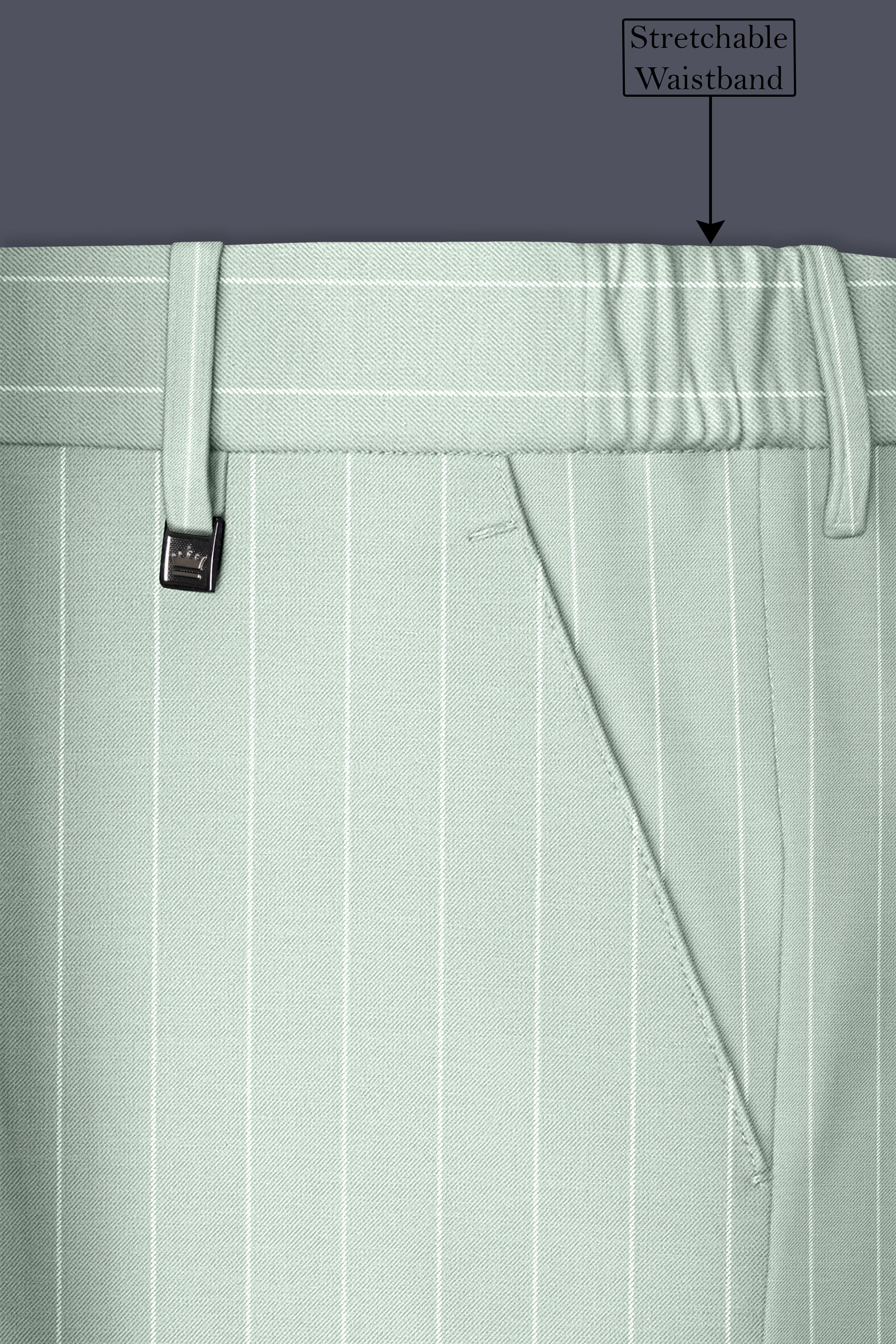 Halcyon-Pale Leaf Green And Bright White Chalk Striped Wool Rich Slight Stretch Waistband Pant