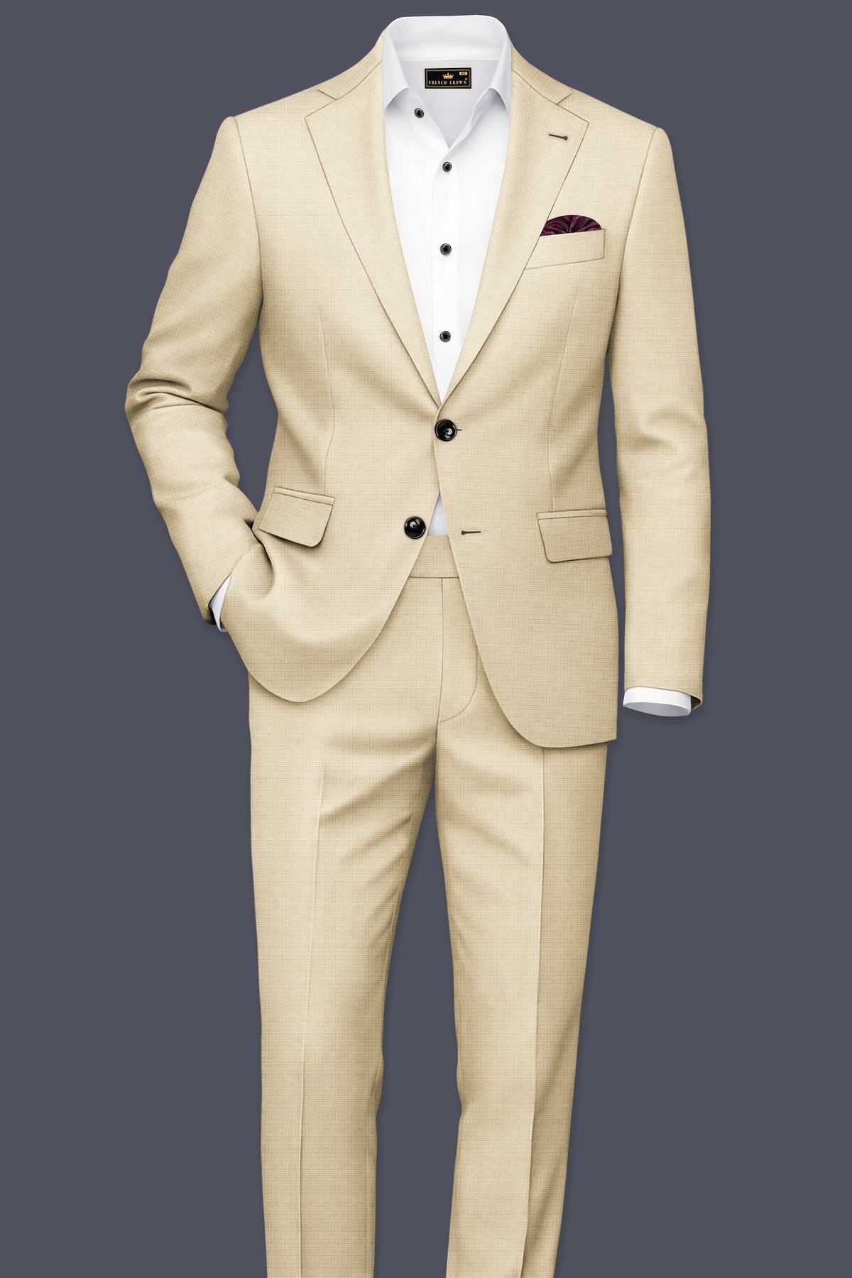 Alabaster-Vanilla Cream Diamond Textured Wool Rich Slight Stretch Waistband Pant
