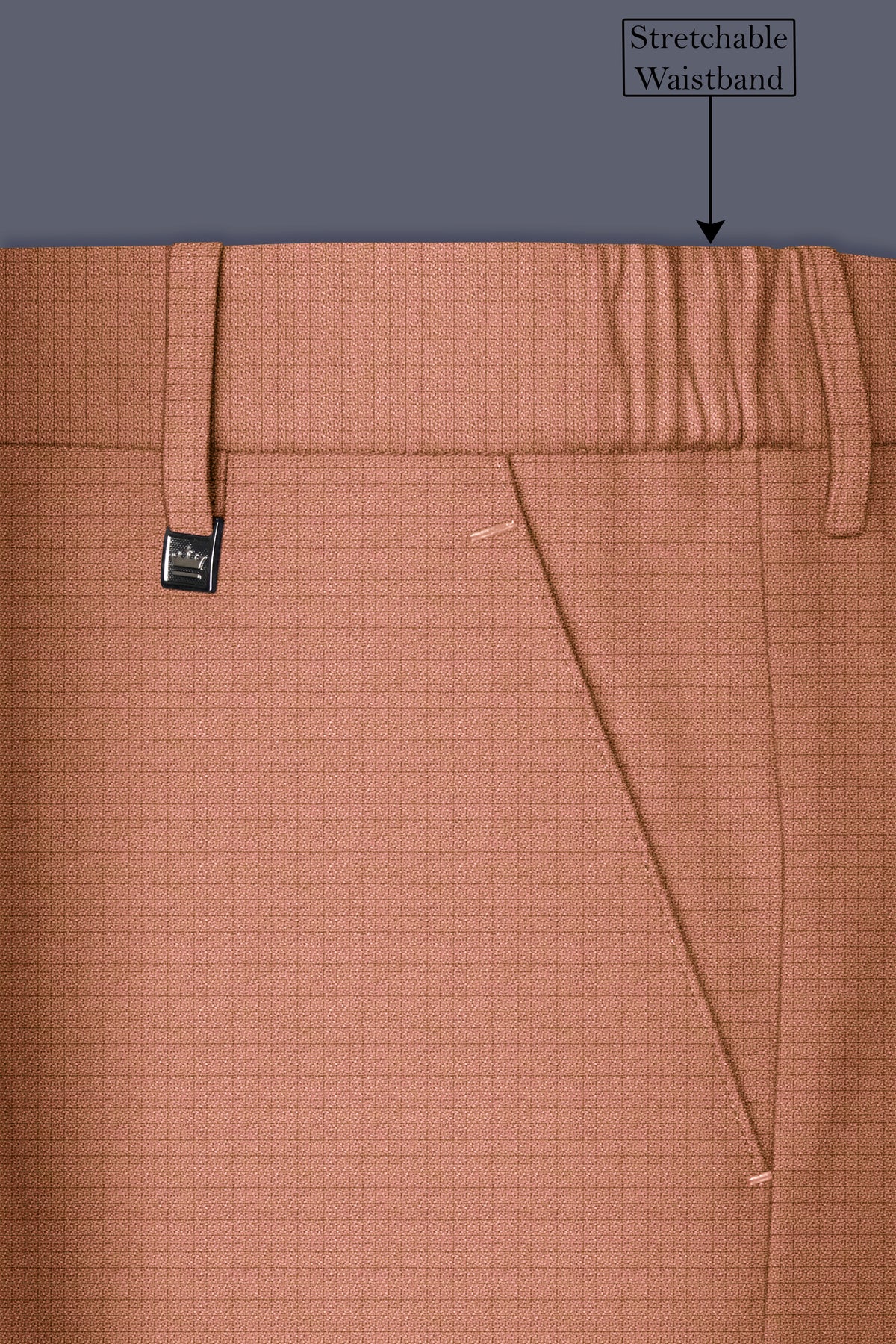 Terracotta-Salmon Brown Diamond Textured Wool Rich Slight Stretch Waistband Pant