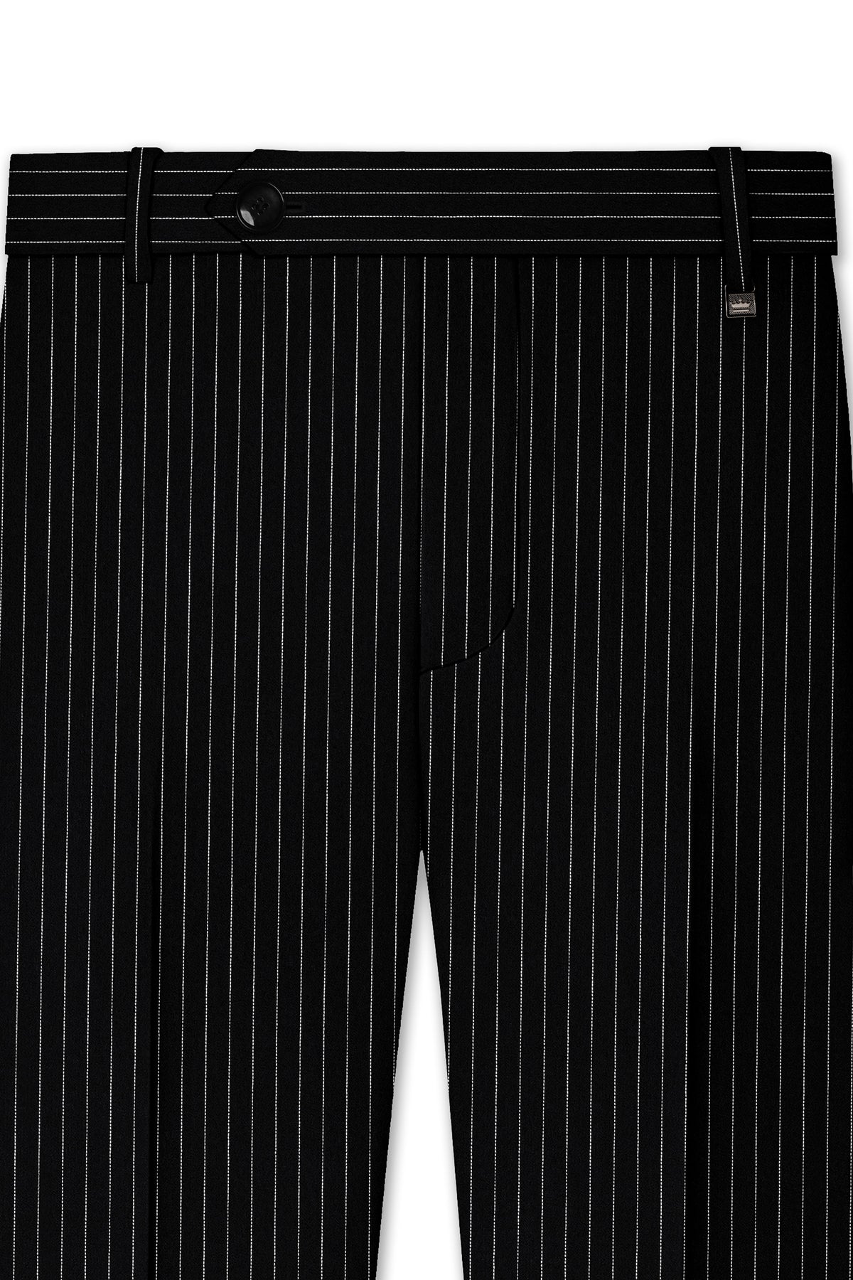 Gravitas-Jade Black And Bright White Chalk Striped Wool Rich Wrinkle-Free Fluid Drape Fabric Stretchable Waistband Pant