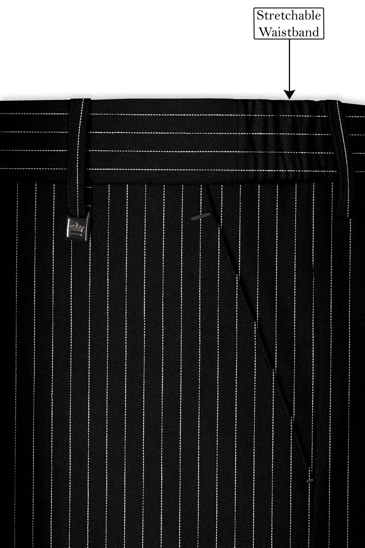 Gravitas-Jade Black And Bright White Chalk Striped Wool Rich Wrinkle-Free Fluid Drape Fabric Stretchable Waistband Pant