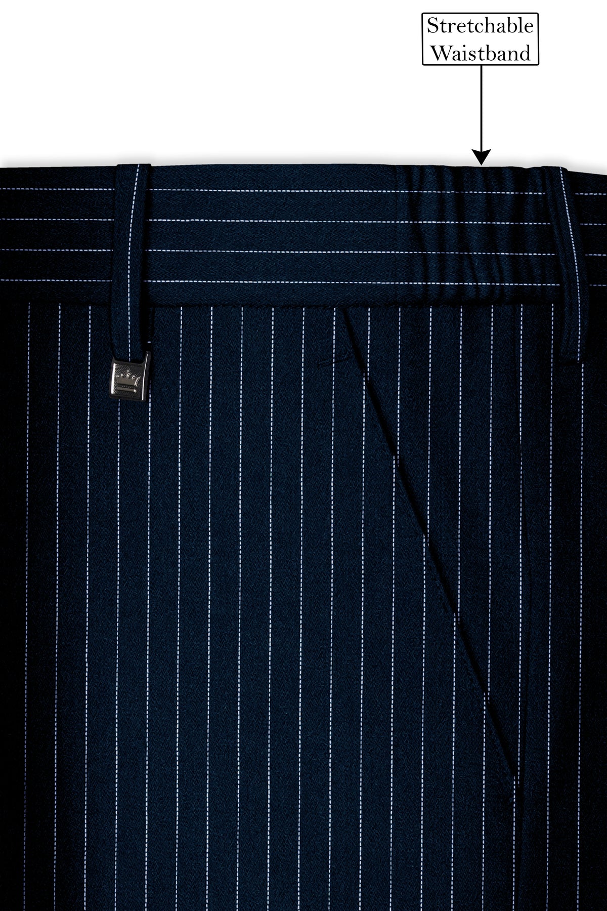 Zenith-Imperial Teal Green And Bright White Chalk Striped Wool Rich Wrinkle-Free Fluid Drape Fabric Stretchable Waistband Pant