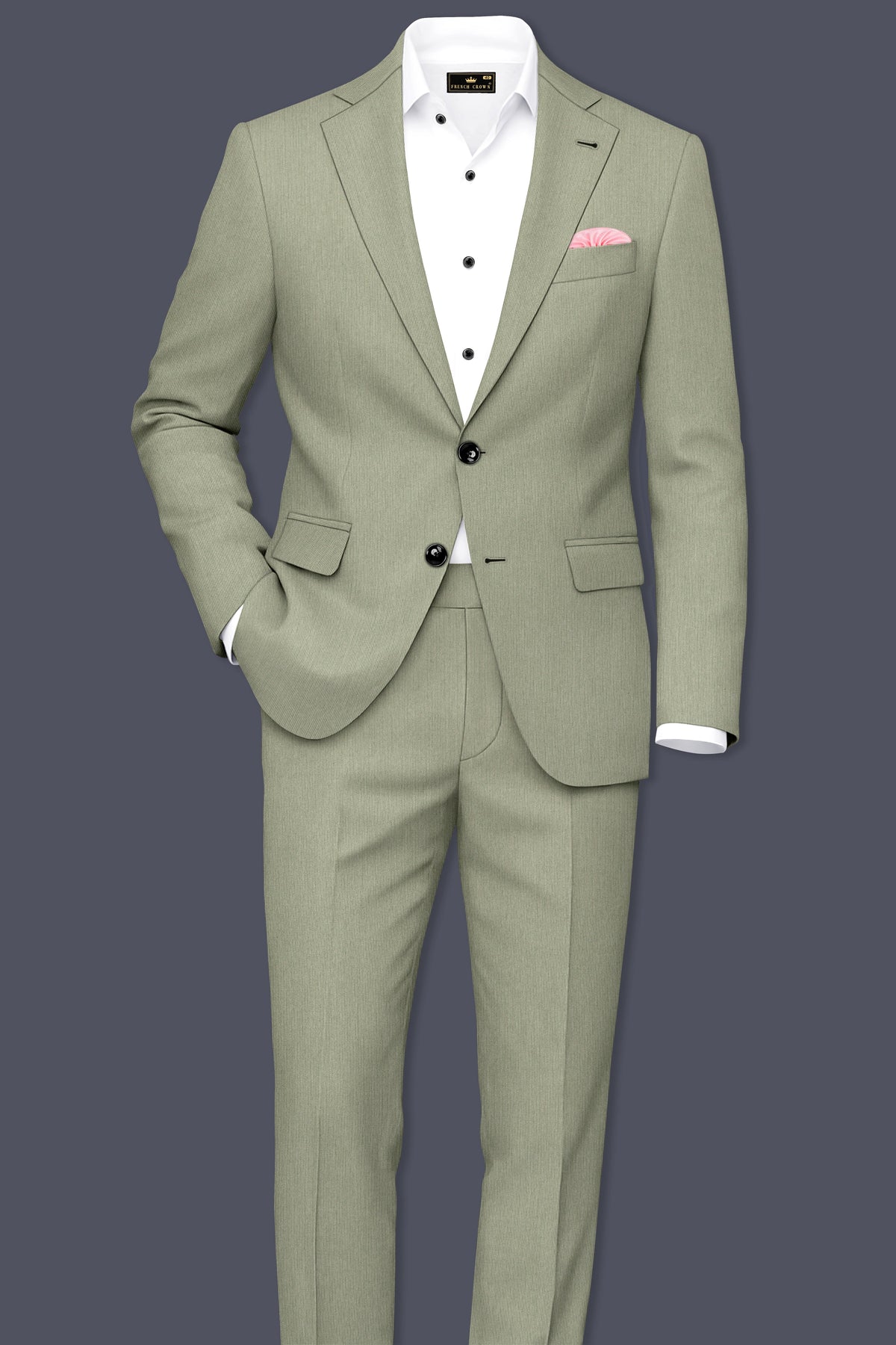 Elysian-Sage Green Diamond Textured Wool Rich Slight Stretch Waistband Pant