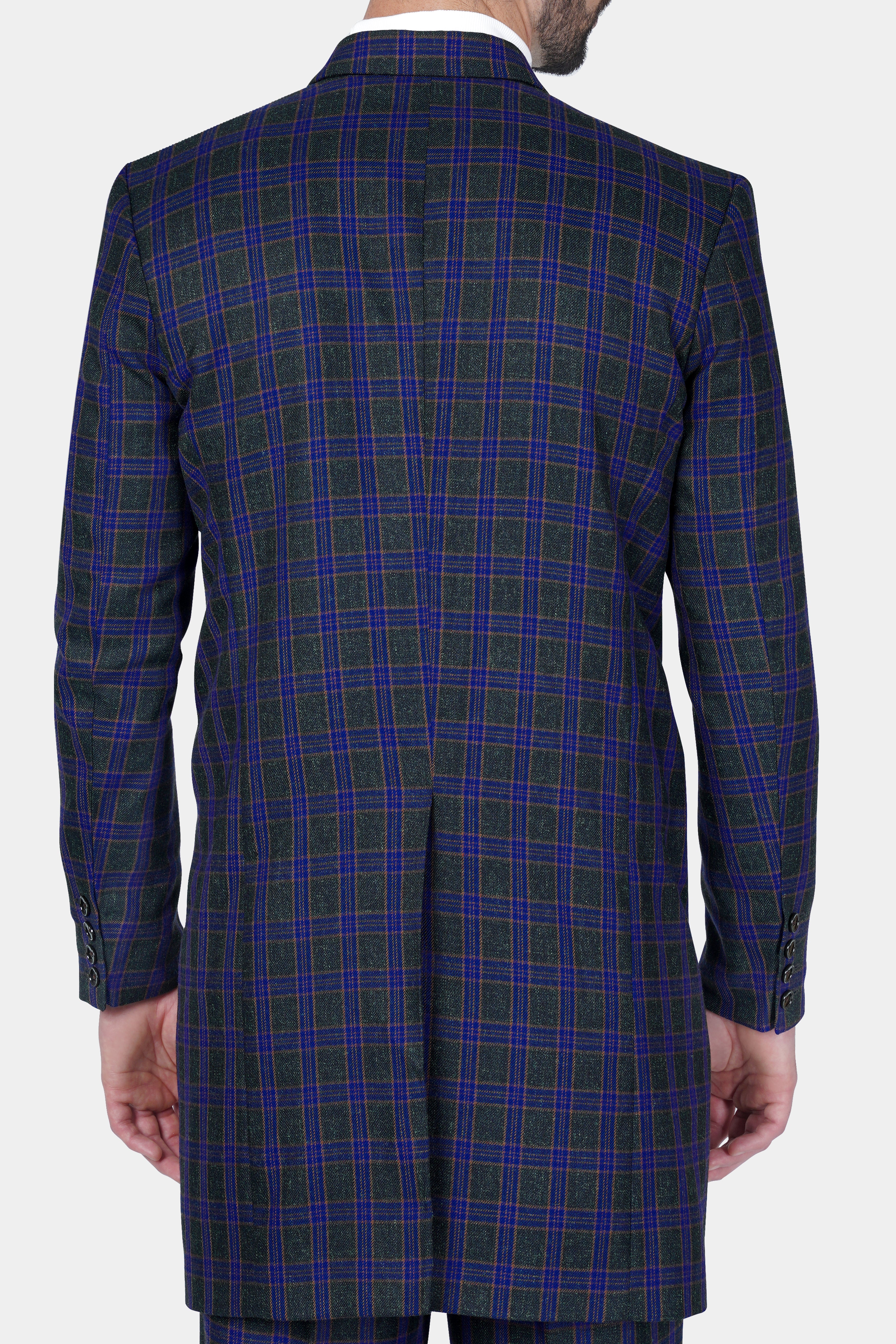 Blue and Piano Black Plaid Tweed Double Breasted Trench Coat