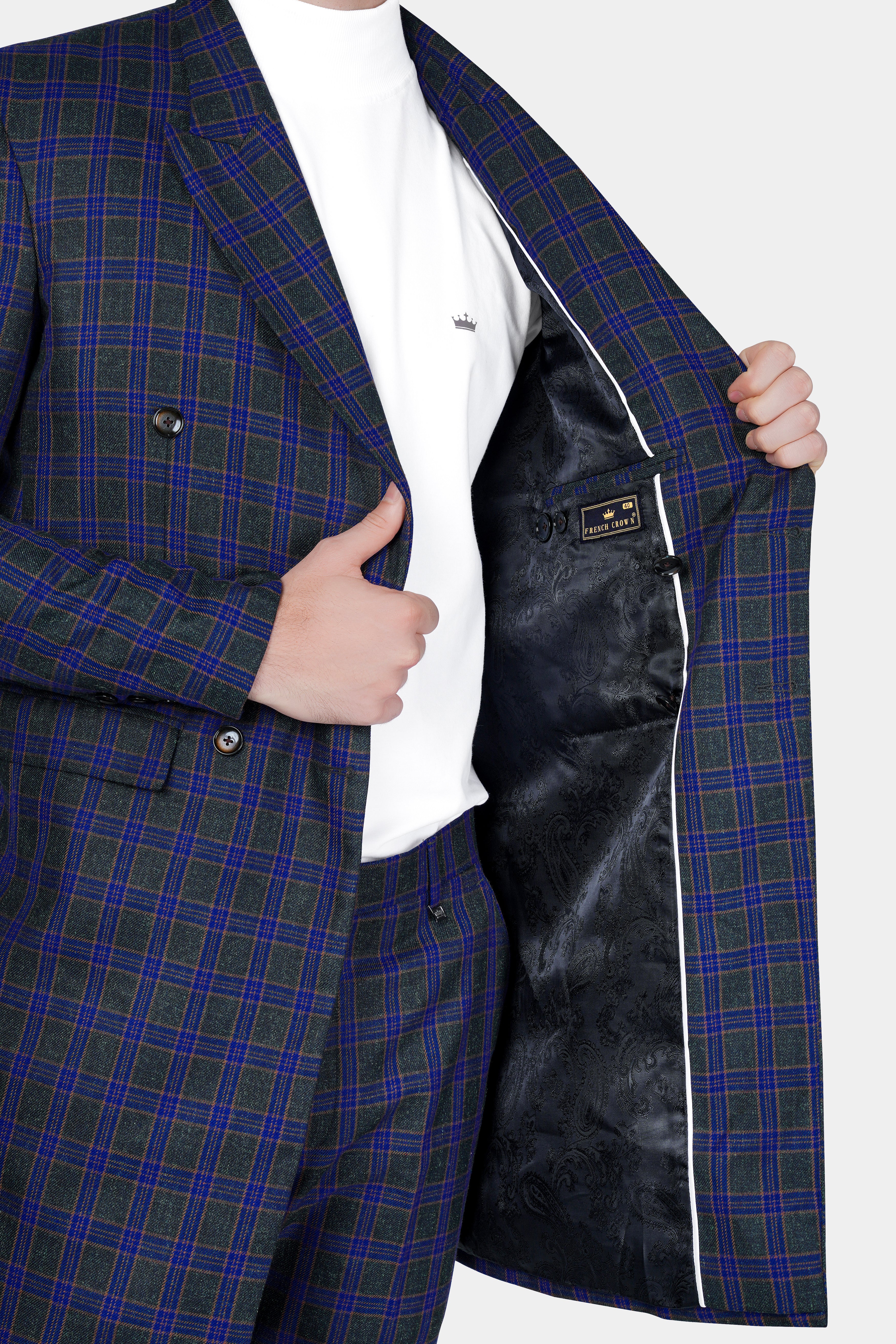 Blue and Piano Black Plaid Tweed Double Breasted Trench Coat