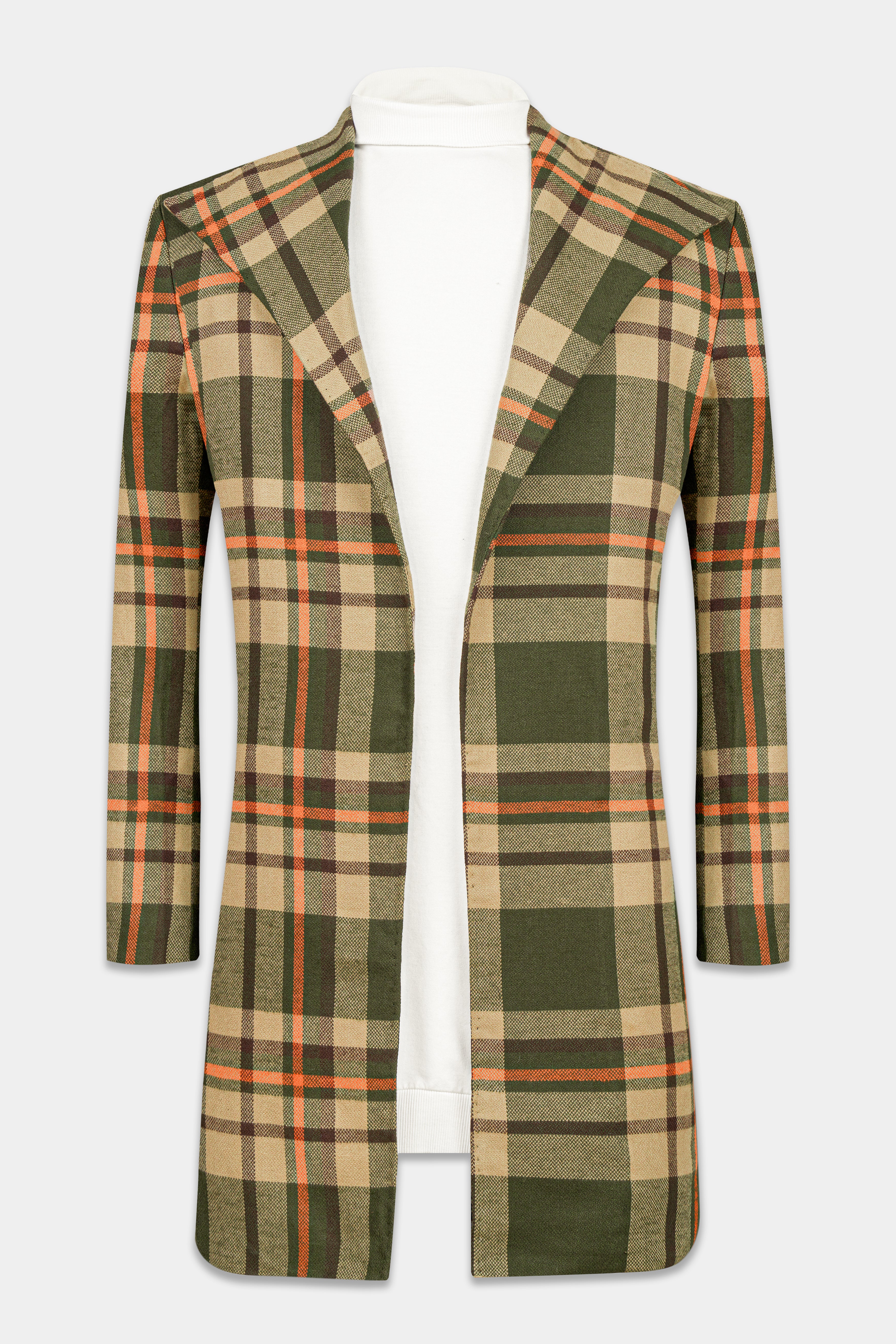 Taupe Green and Vanilla Brown Plaid Wool Rich Designer Trench Coat