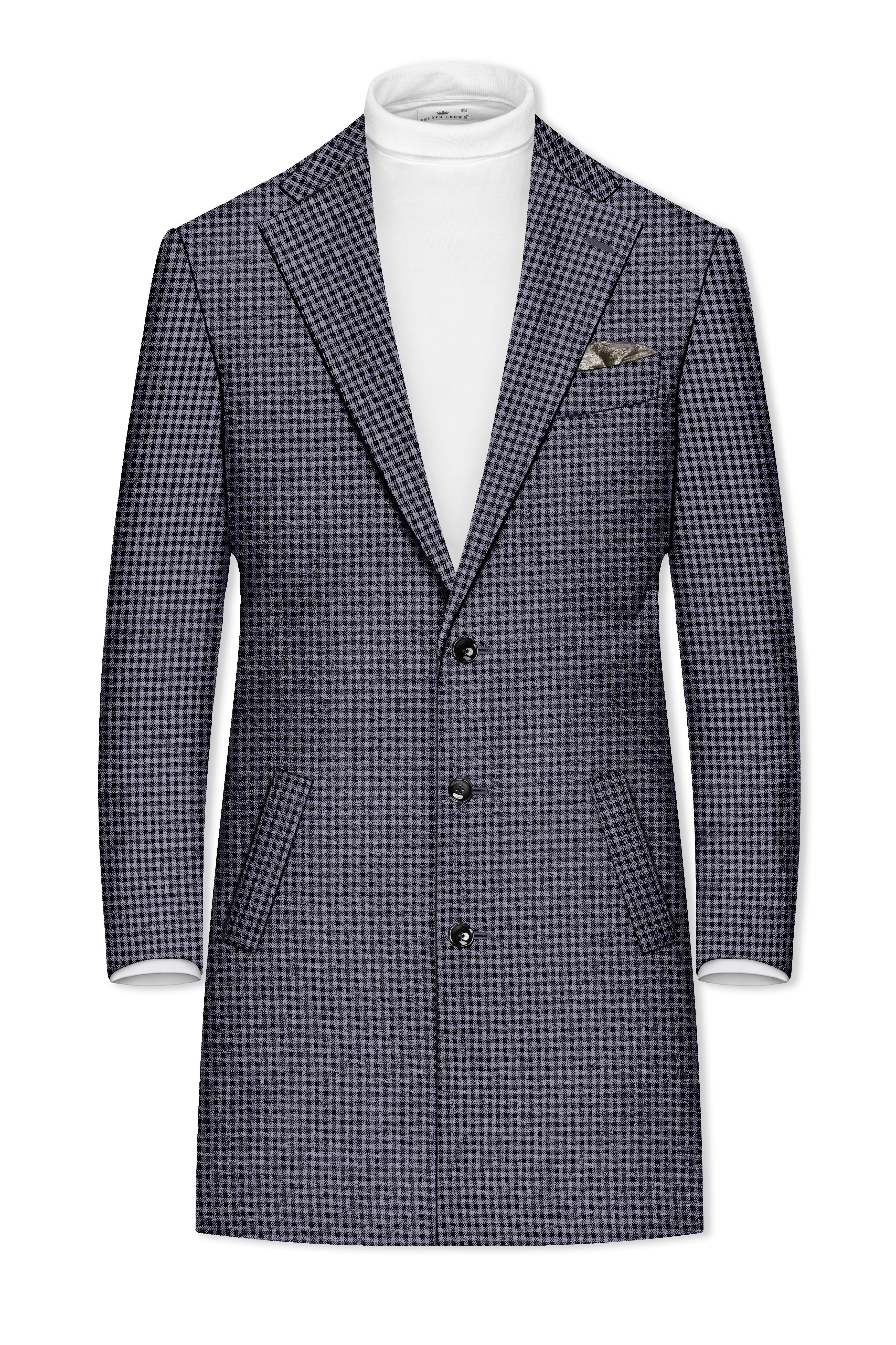 Zenith-Mirage Blue And venus Gray Gingham Plaid Tweed Single Breasted Trench Coat