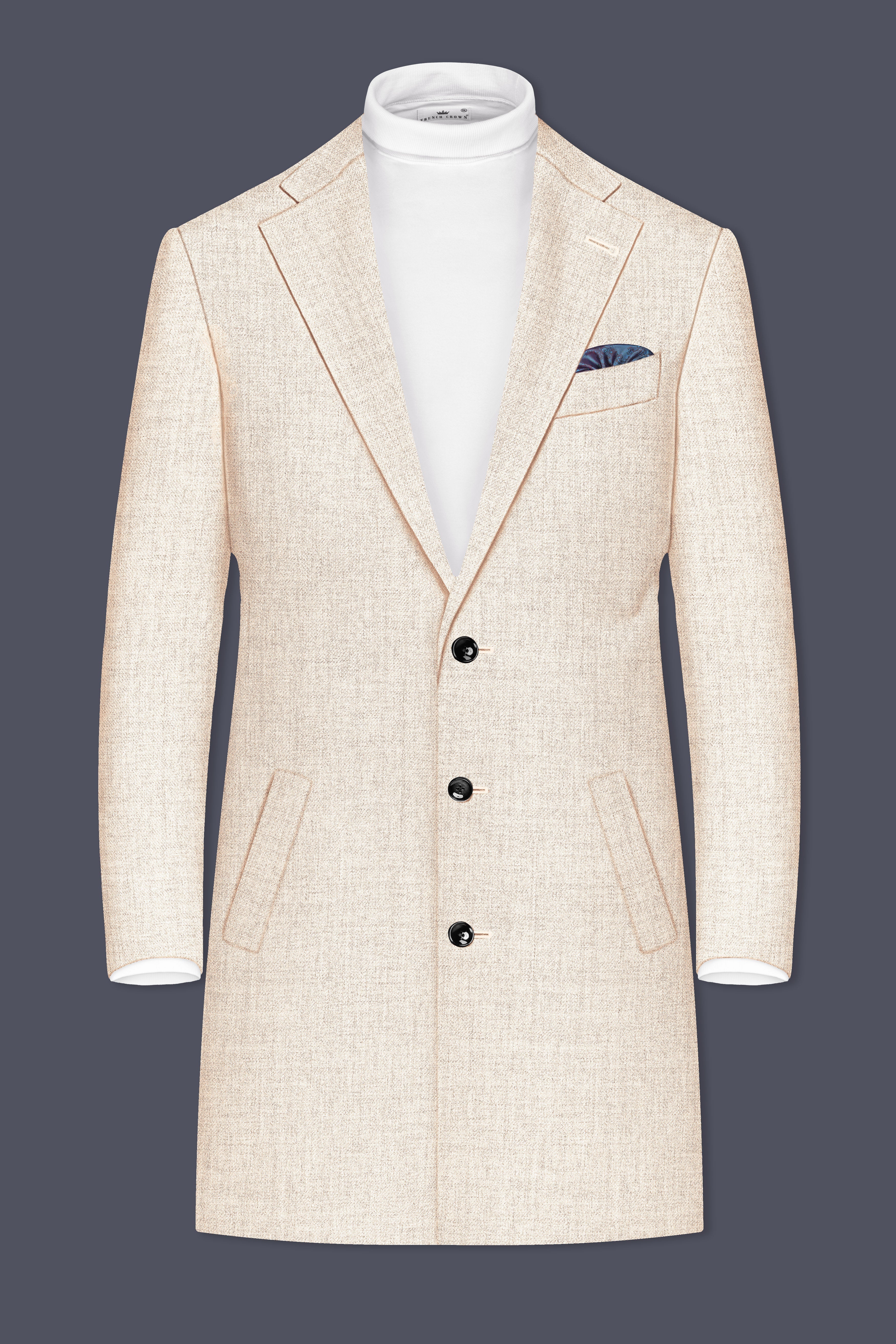 Velour-Derby Cream Textured Tweed Single Breasted Trench Coat