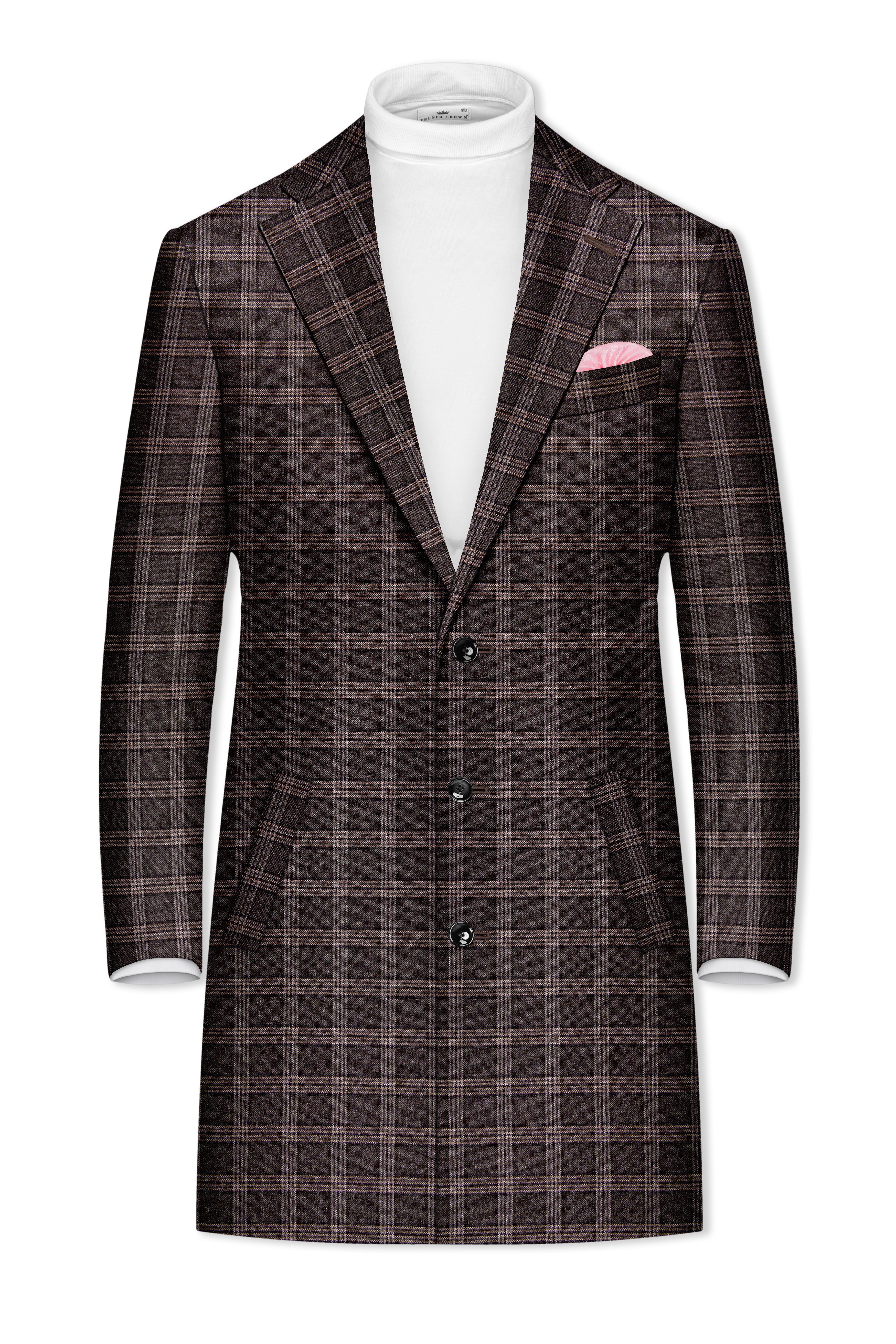 Eclenzo-Eclipse Brown Plaid Tweed Single Breasted Overcoat