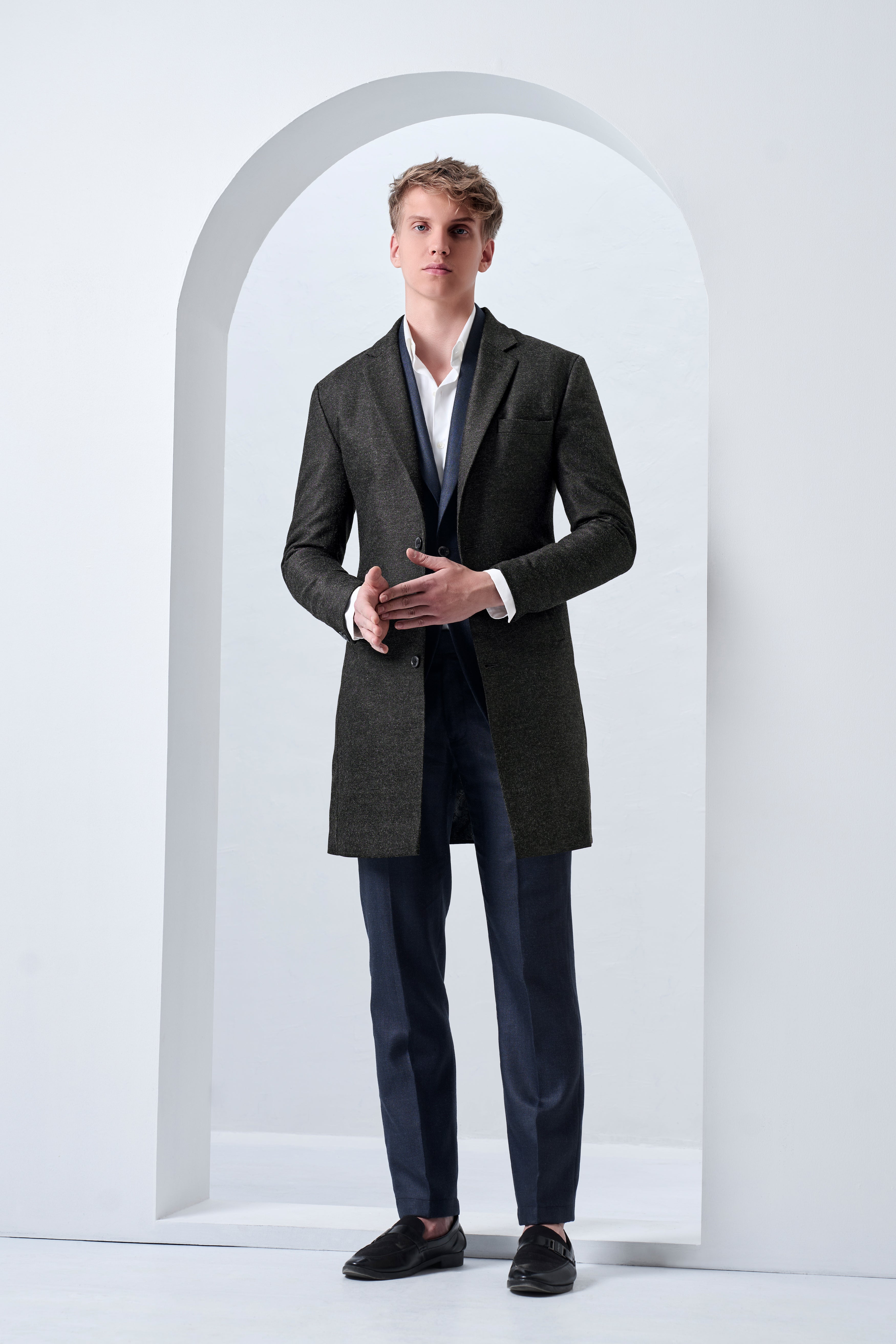 Metallo-Gunmetal Gray Textured Tweed Single Breasted Overcoat