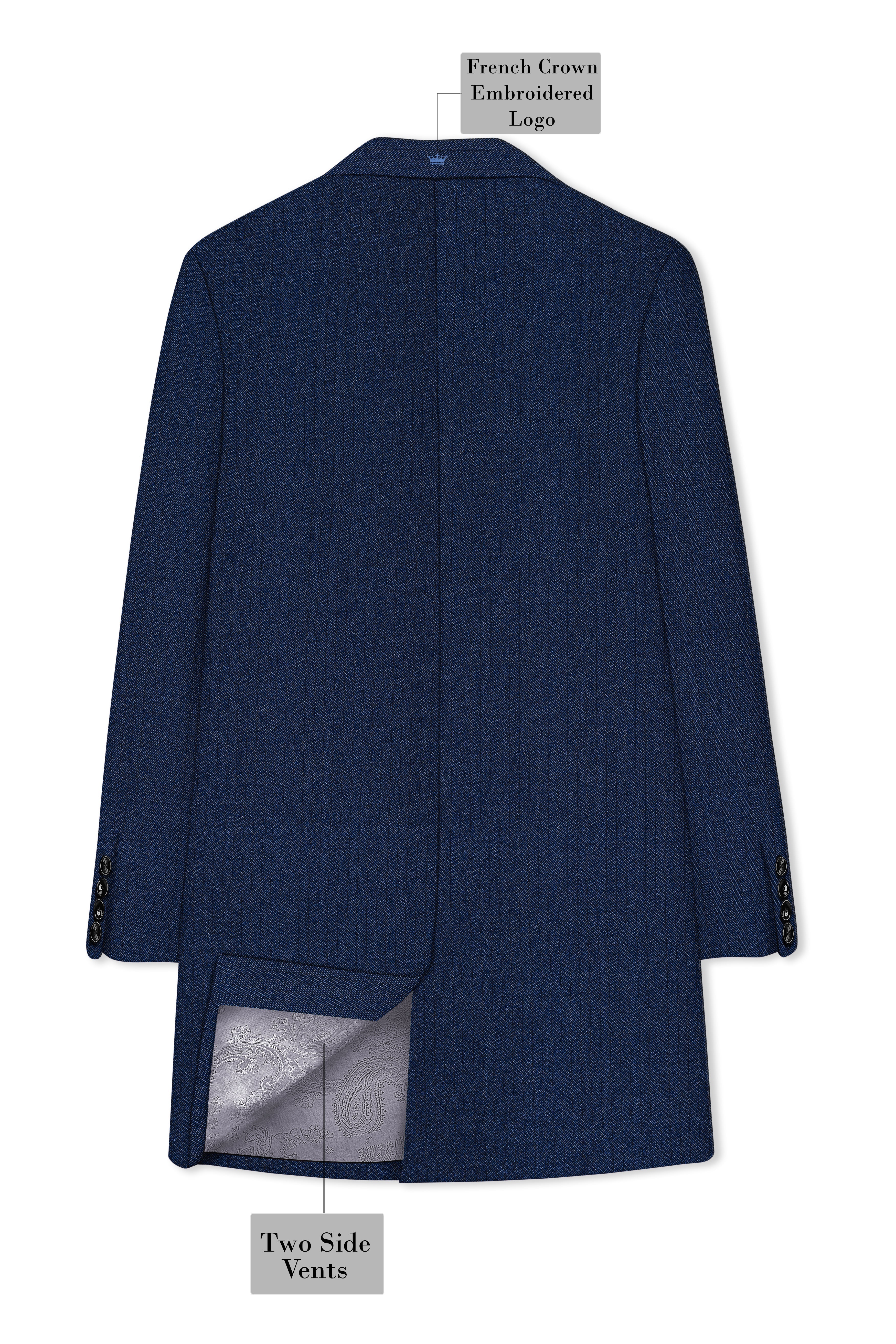 Aurevu-Vulcan Blue Herringbone Textured Tweed Single Breasted Overcoat