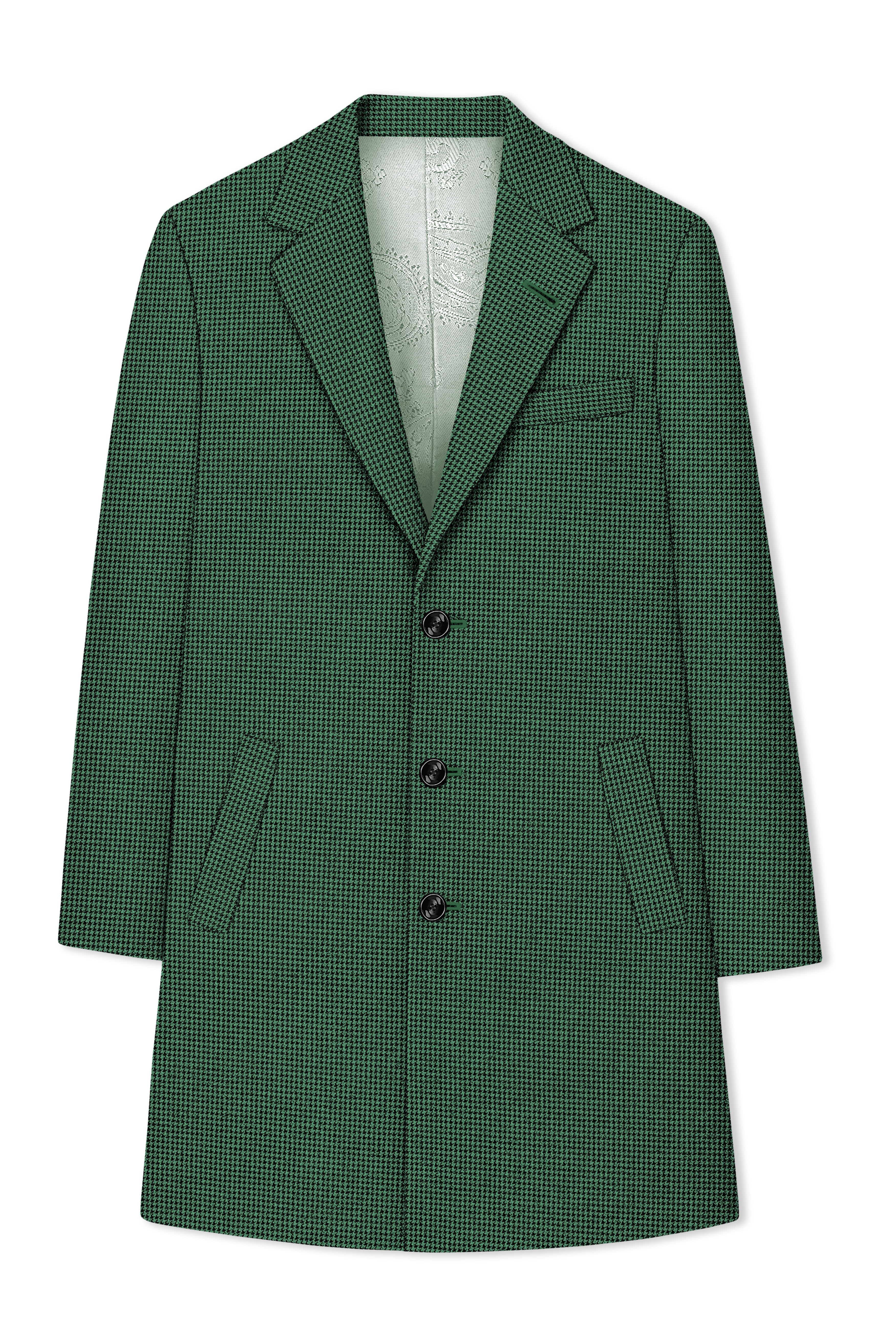 Regent-Plantation Green Classic Houndstooth Textured Tweed Single Breasted Overcoat