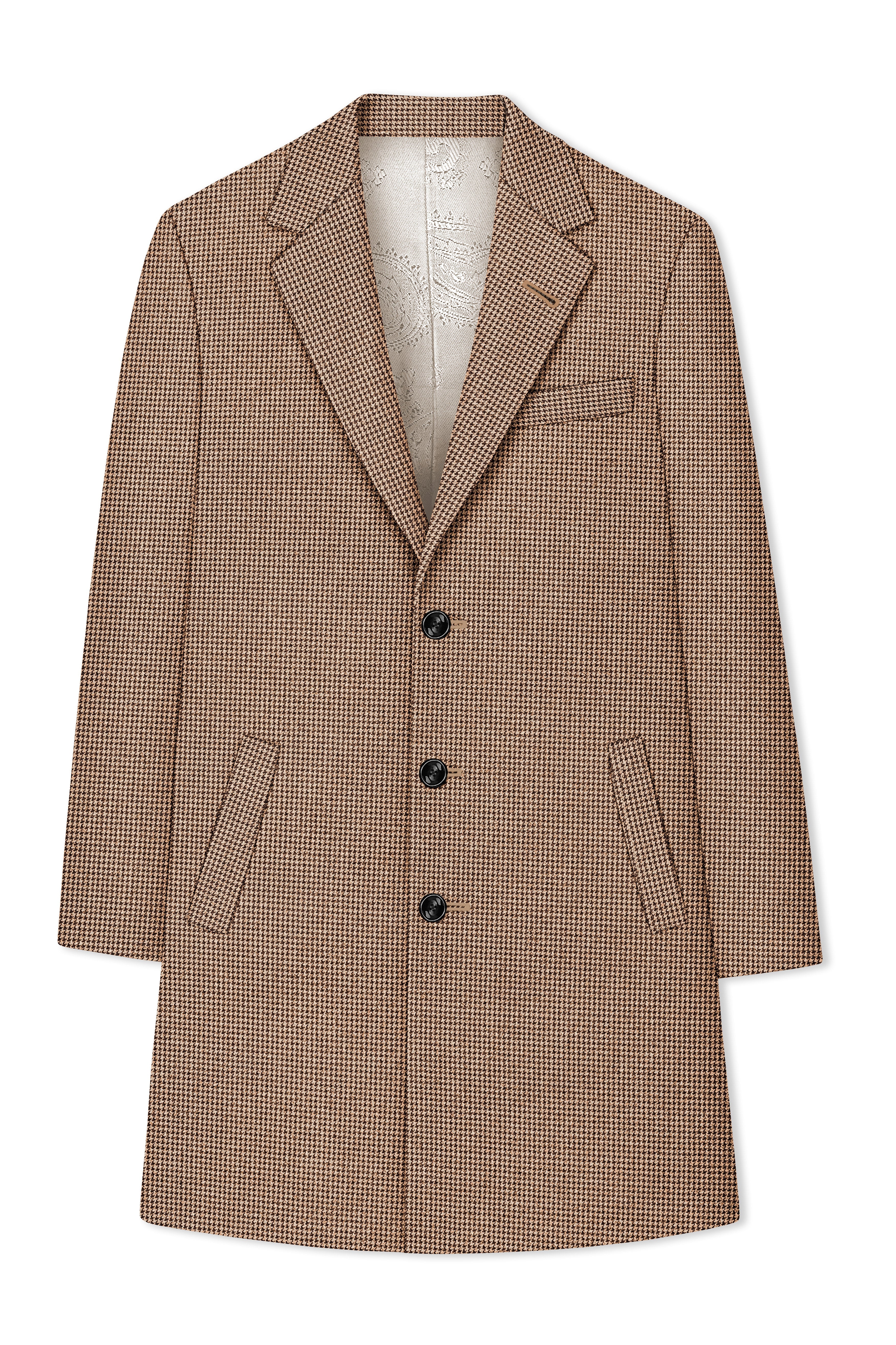 Scholar-Mocha Brown Classic Houndstooth Textured Tweed Single Breasted Overcoat