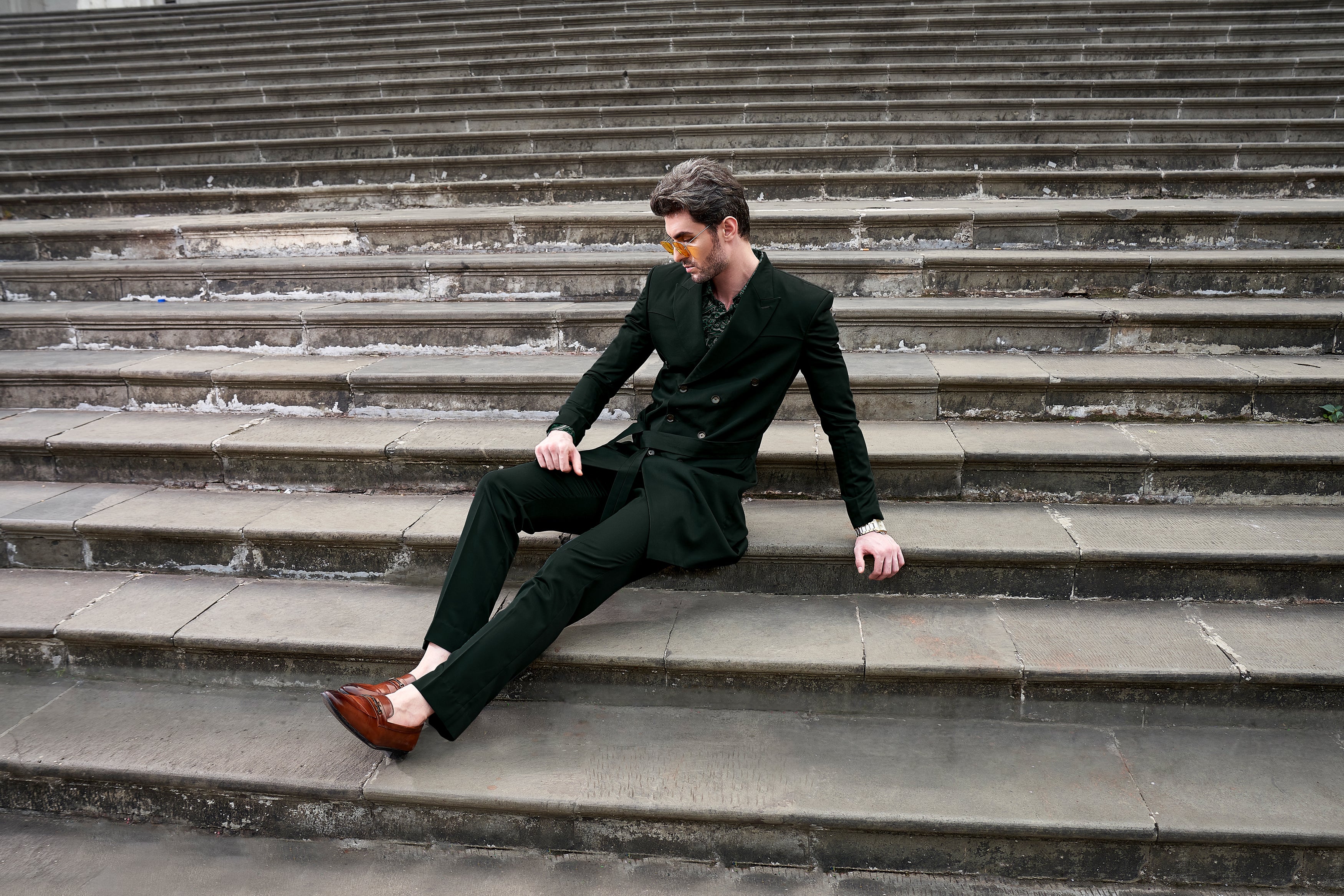 Juniper Green Subtle Sheen Double Breasted Trench Coat with Pant