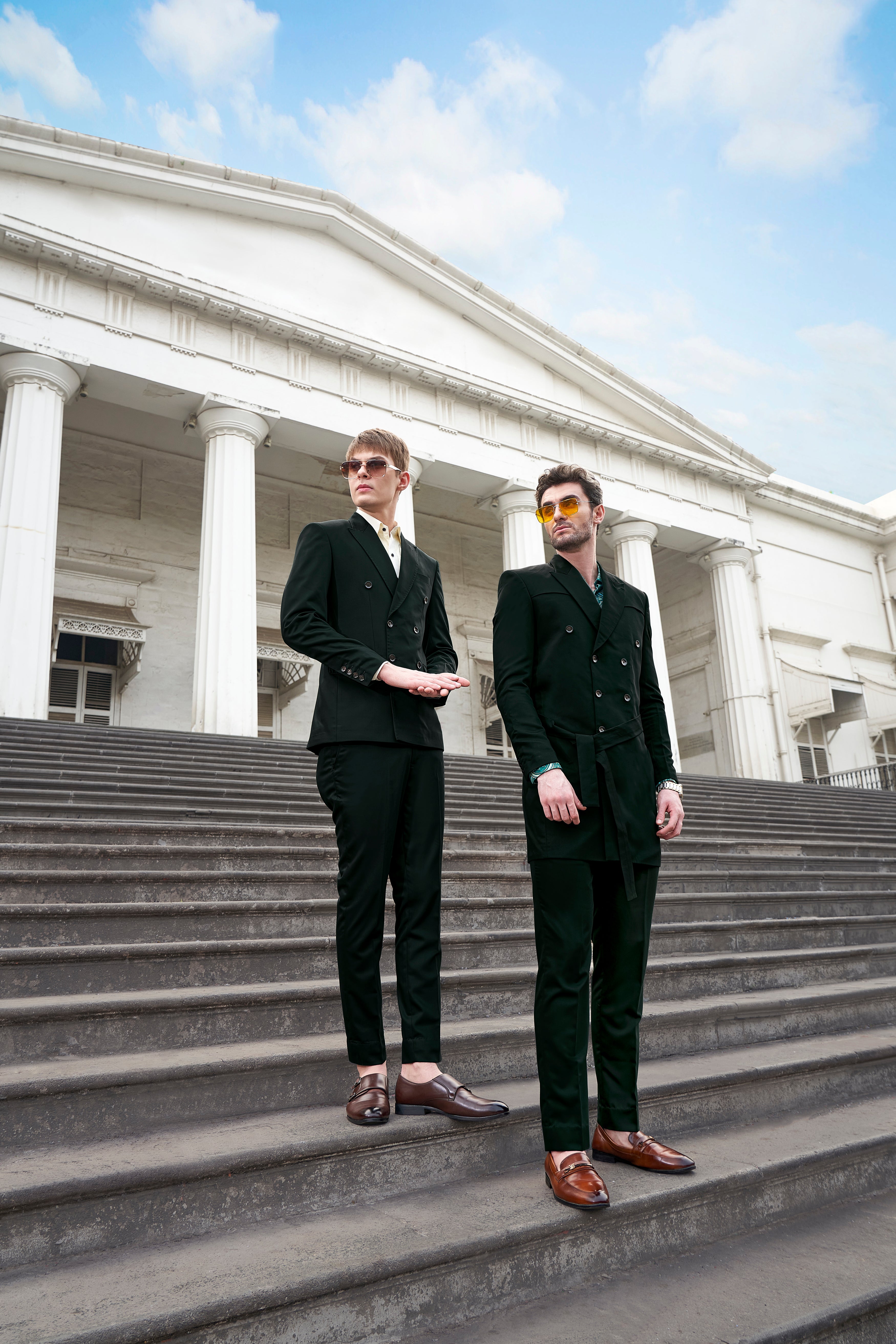 Juniper Green Subtle Sheen Double Breasted Trench Coat with Pant