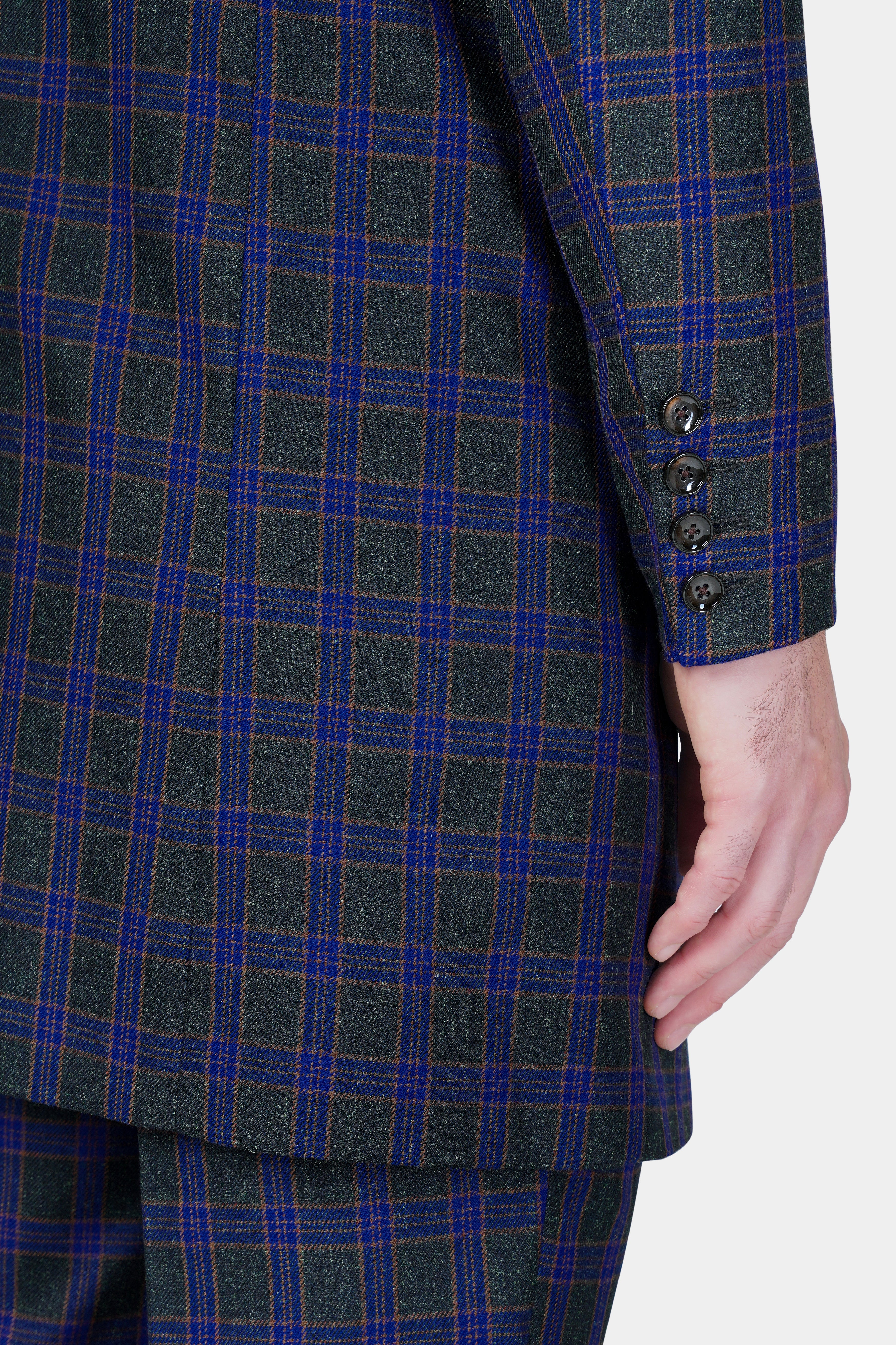 Blue and Piano Black Plaid Tweed Double Breasted Trench Coat With Pant