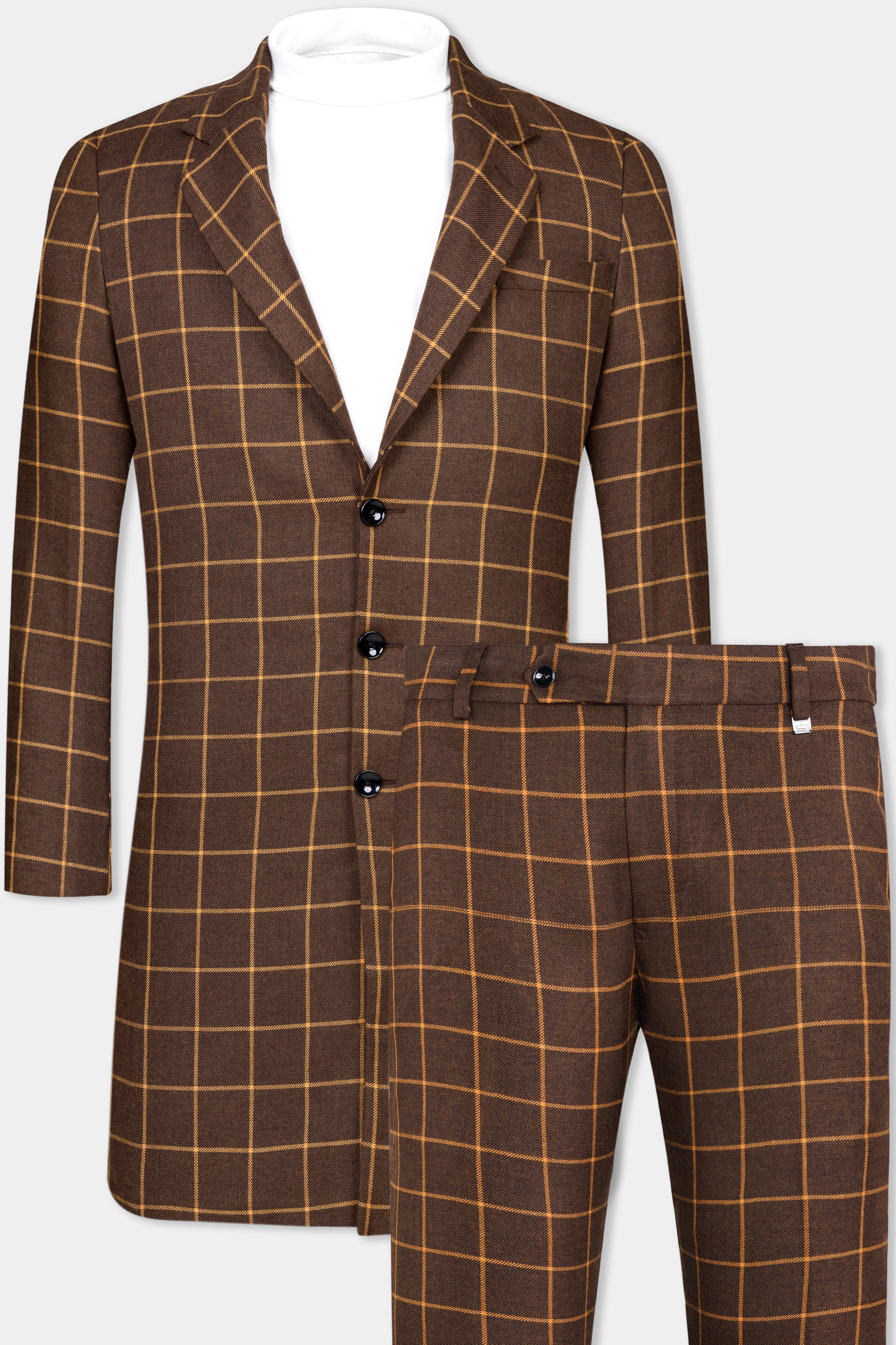 Eclipse Brown Windowpane Tweed Trench Coat With Pant