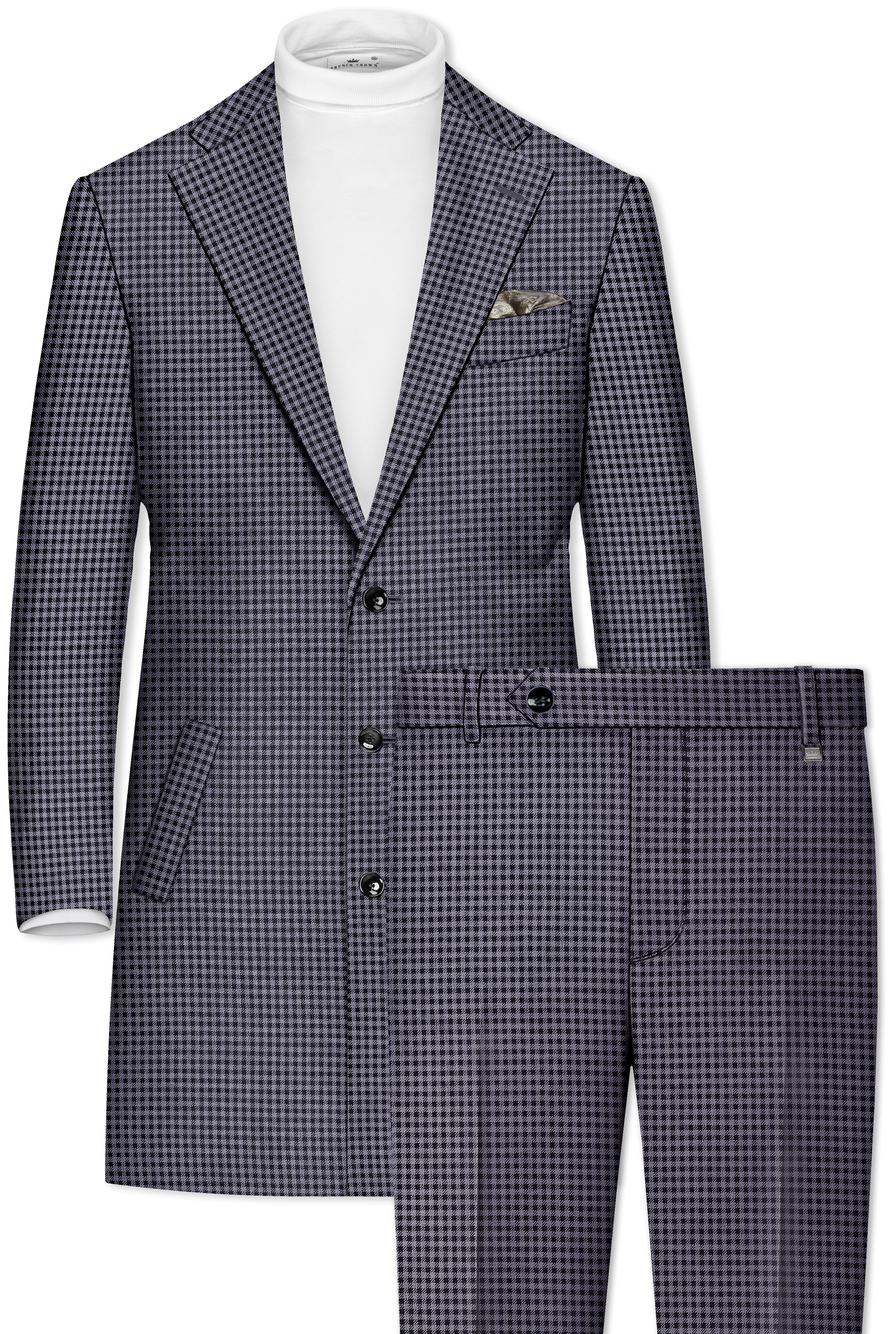 Zenith-Mirage Blue And venus Gray Gingham Plaid Tweed Single Breasted Trench Coat With Pant
