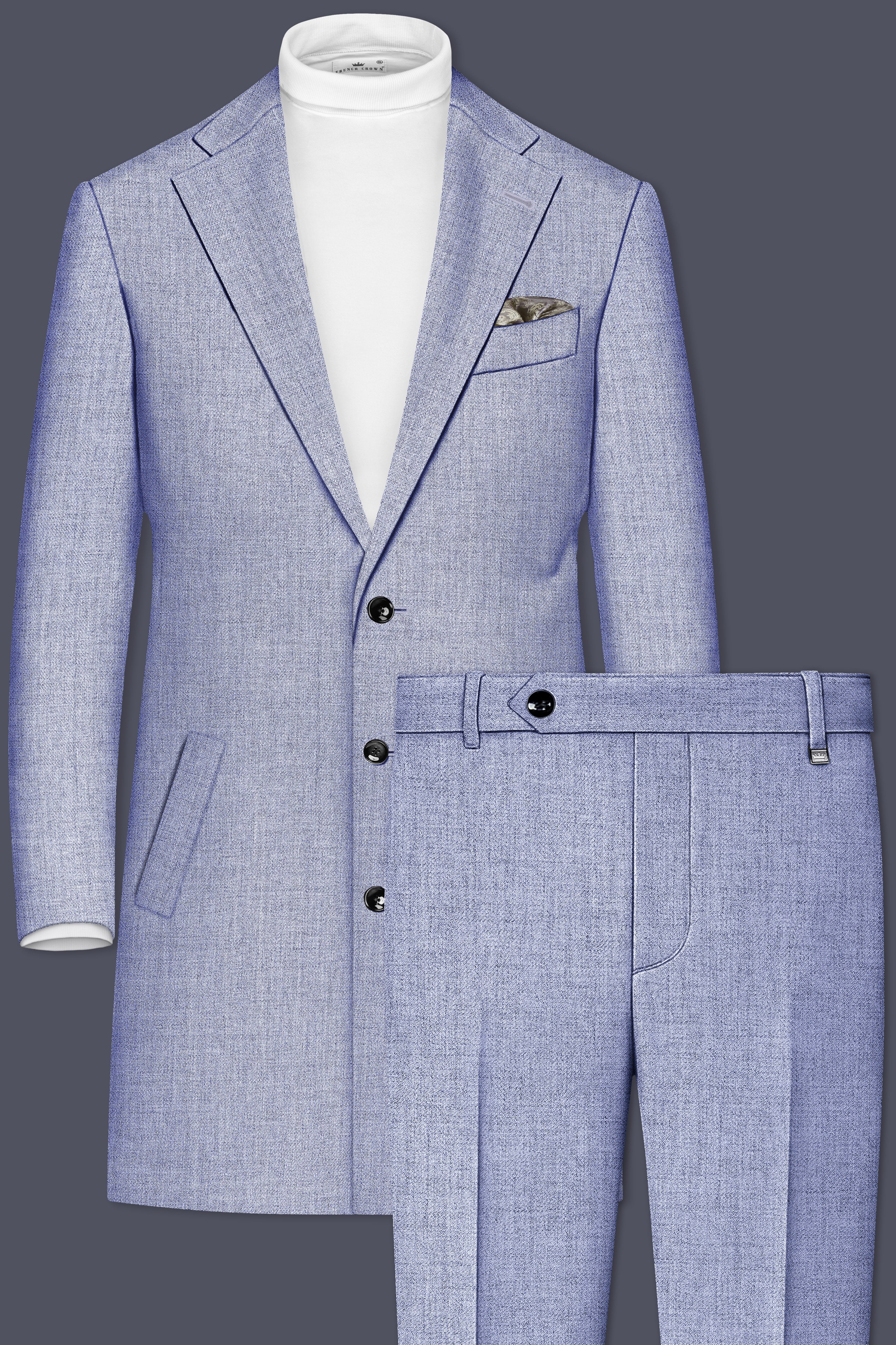 Nordic-Logan Blue Textured Tweed Single Breasted Trench Coat With Pant